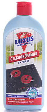 Средство для чистки и защиты Luxus Professional Стеклокерамик, 200 мл17065 Средство для чистки и защиты Luxus Professional Стеклокерамик, 200 мл17065Средство для чистки и защиты Luxus Professional Стеклокерамик - уникальное средство полностью очистит стеклокерамическую плиту от следов накипи, надолго продлит срок службы и сохранит поверхность в отличном состоянии. Не содержит абразивов, благодаря чему не повреждает поверхность. Разработанное на основе силиконовых масел, которые покрывают поверхность и образуют тонкий защитный слой, оно надежно защищает стеклокерамическую поверхность от повреждений при выкипании пищи, особенно продуктов, содержащих сахар. Средство имеет приятный запах и безопасно для кожи рук.