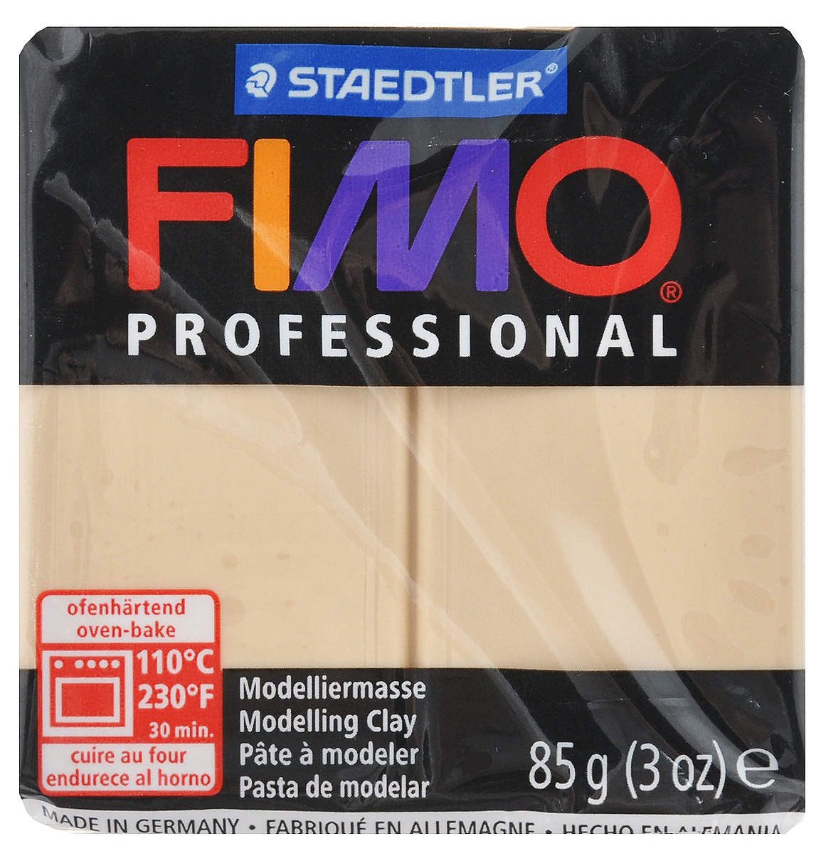 Полимерная глина Fimo Professional, цвет: шампань, 85 г8004-02 Полимерная глина Fimo Professional, цвет: шампань, 85 г8004-02Мягкая глина на полимерной основе (пластика) Fimo Professional идеально подходит для лепки небольших изделий (украшений, скульптурок, кукол) и для моделирования. Глина обладает отличными пластичными свойствами, хорошо размягчается и лепится, легко смешивается между собой, благодаря чему можно создать огромное количество поделок любых цветов и оттенков, не имеет запаха. Блок разделен на 2 сегмента, что позволяет легче разделять глину на порции. В домашних условиях готовая поделка выпекается в духовом шкафу при температуре 110°С в течение 15-30 минут (в зависимости от величины изделия). Отвердевшие изделия могут быть раскрашены акриловыми красками, покрыты лаком, склеены друг с другом или с другими материалами.