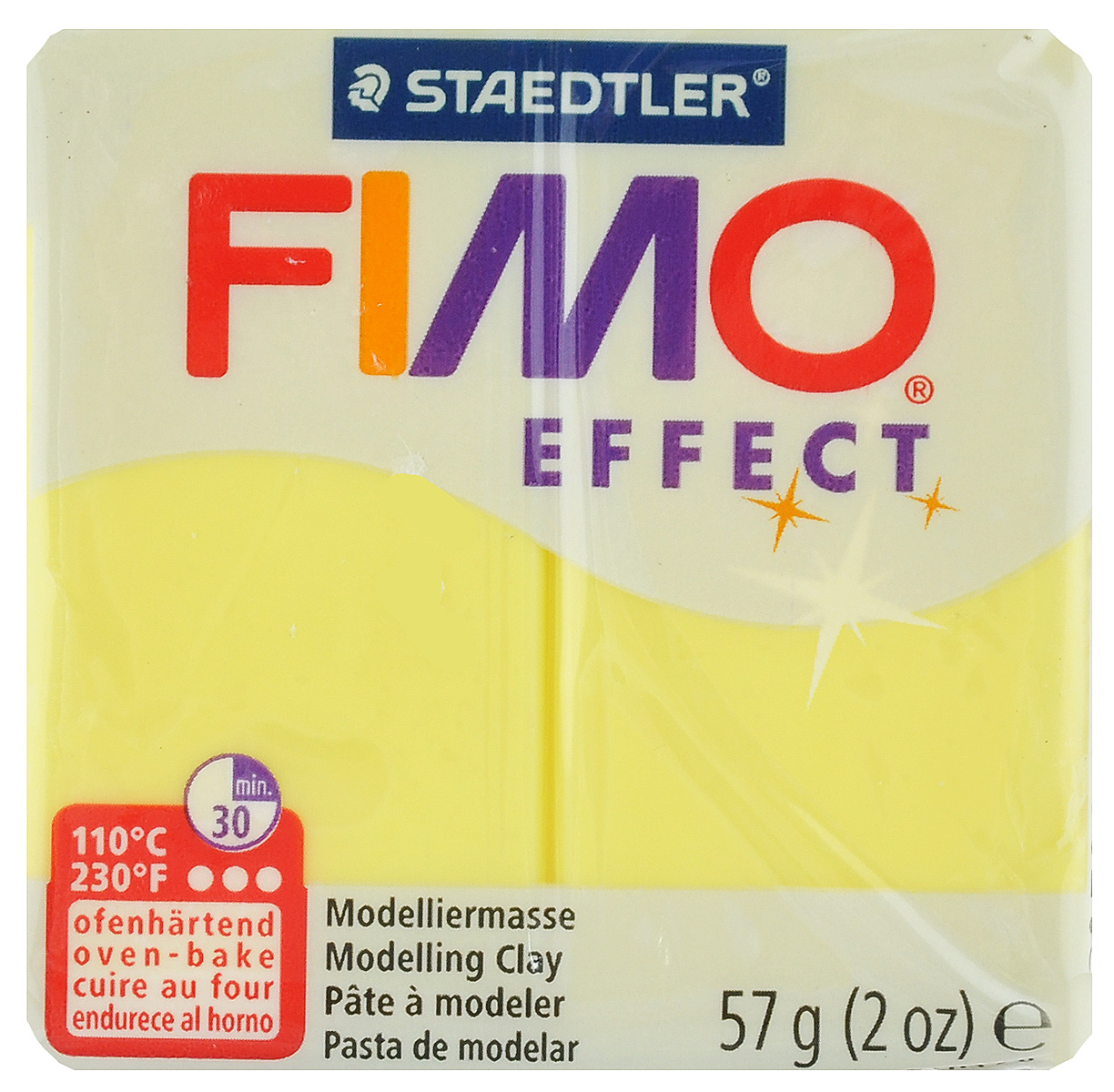 Полимерная глина Fimo Effect, цвет: полупрозрачный желтый, 56 г8020-104 Полимерная глина Fimo Effect, цвет: полупрозрачный желтый, 56 г8020-104Мягкая глина на полимерной основе (пластика) Fimo Effect идеально подходит для лепки небольших изделий (украшений, скульптурок, кукол) и для моделирования. Глина обладает отличными пластичными свойствами, хорошо размягчается и лепится, легко смешивается между собой, благодаря чему можно создать огромное количество поделок любых цветов и оттенков. Блок поделен на восемь сегментов, что позволяет легче разделять глину на порции. В домашних условиях готовая поделка выпекается в духовом шкафу при температуре 110°С в течение 15-30 минут (в зависимости от величины изделия). Отвердевшие изделия могут быть раскрашены акриловыми красками, покрыты лаком, склеены друг с другом или с другими материалами.