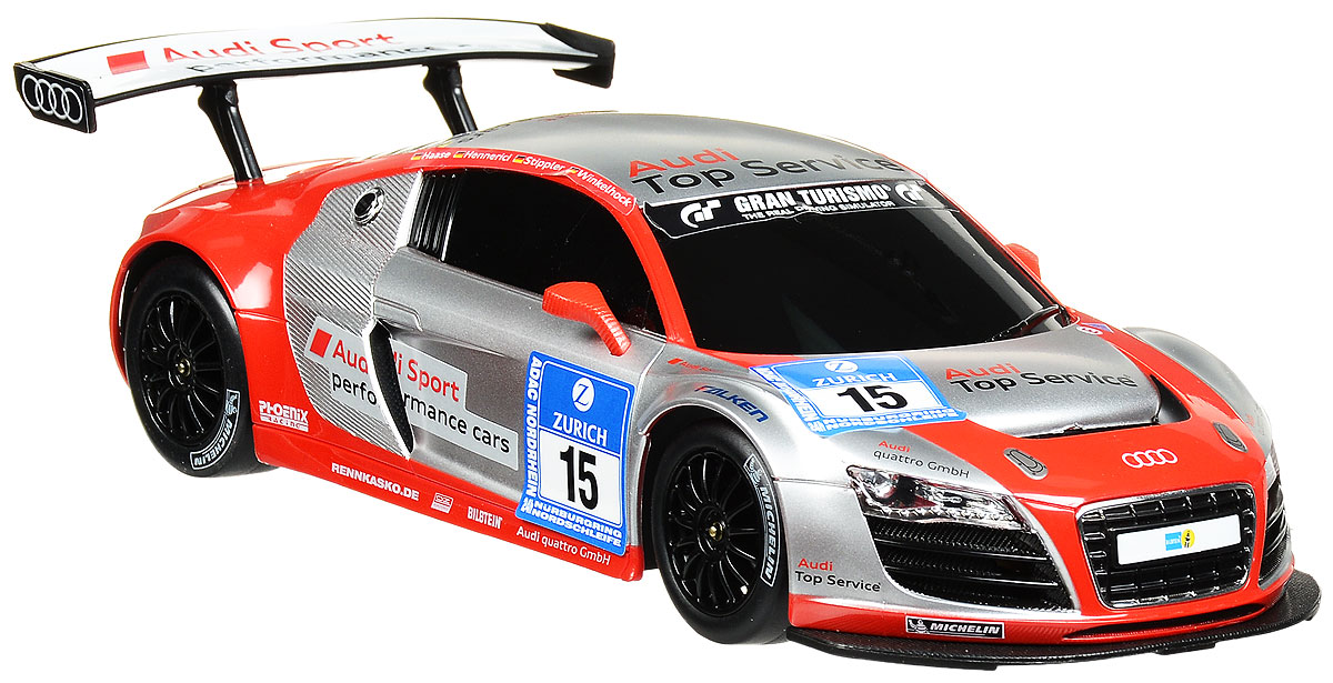 Rastar Радиоуправляемая модель Audi R8 LMC цвет серебристый красный53610_серебристый, красный Rastar Радиоуправляемая модель Audi R8 LMC цвет серебристый красный53610_серебристый, красныйРадиоуправляемая модель Rastar Audi R8 LMC станет отличным подарком любому мальчику! Все дети хотят иметь в наборе своих игрушек ослепительные, невероятные и крутые автомобили на радиоуправлении. Тем более, если это автомобиль известной марки с проработкой всех деталей, удивляющий приятным качеством и видом. Одной из таких моделей является автомобиль на радиоуправлении Rastar Audi R8 LMC. Это точная копия настоящего авто в масштабе 1:18. Авто обладает неповторимым провокационным стилем и спортивным характером. Потрясающая маневренность, динамика и покладистость - отличительные качества этой модели. Возможные движения: вперед, назад, вправо, влево, остановка. Имеются световые эффекты. Пульт управления работает на частоте 27 MHz. Для работы игрушки необходимы 4 батарейки типа АА (не входят в комплект). Для работы пульта управления необходимы 2 батарейки типа АА (не входят в комплект).