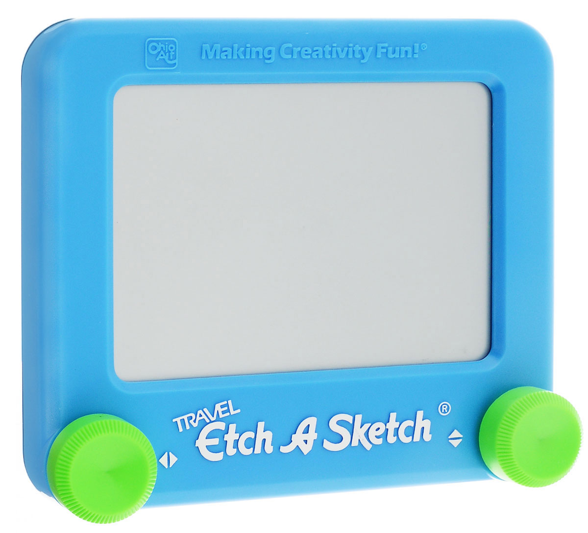 Etch-A-Sketch Игрушка развивающая Волшебный экран цвет голубой55590_голубой Etch-A-Sketch Игрушка развивающая Волшебный экран цвет голубой55590_голубойРазвивающая игрушка Волшебный экран непременно понравится вашему ребенку и станет для него любимой игрушкой. Волшебный экран поможет ребенку создавать рисунки одной линией, посредством вращения двух круглых ручек, расположенных в нижних углах (одна из них перемещает указатель по вертикали, а другая по горизонтали). Самым сложным считается рисовать круглые объекты, волнистые линии и плавные изгибы. Внутри экрана находится специальный порошок, который счищает тонкий указатель с внутренней поверхности экрана, оставляя за собой темную линию. Для того чтобы стереть свой рисунок, достаточно просто перевернуть экран вниз и потрясти, и он снова станет серым, при этом указатель начнет чертить ровно из той точки, где закончился предыдущий рисунок. Компактный размер экрана позволяет брать его с собой в дорогу.