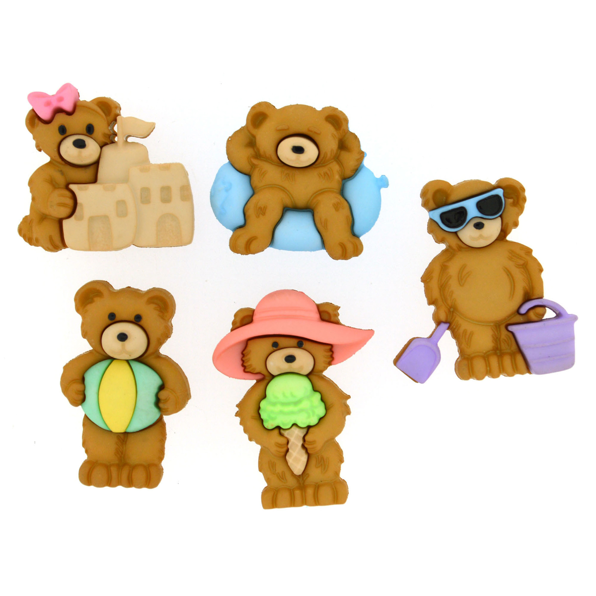 Пуговицы декоративные Dress It Up Мишки на каникулах, 5 шт7713480 Пуговицы декоративные Dress It Up Мишки на каникулах, 5 шт7713480Пуговицы декоративные Dress It Up Мишки на каникулах состоит из 5 декоративных пуговиц, выполненных из цветного пластика в виде мишек. Такие пуговицы подходят для любых видов творчества: скрапбукинга, декорирования, шитья, изготовления кукол, а также для оформления одежды. С их помощью вы сможете украсить открытку, фотографию, альбом, подарок и другие предметы ручной работы. Пуговицы разных цветов имеют оригинальный и яркий дизайн. Средний размер пуговиц: 2,7 см х 2,2 см х 0,3 см.
