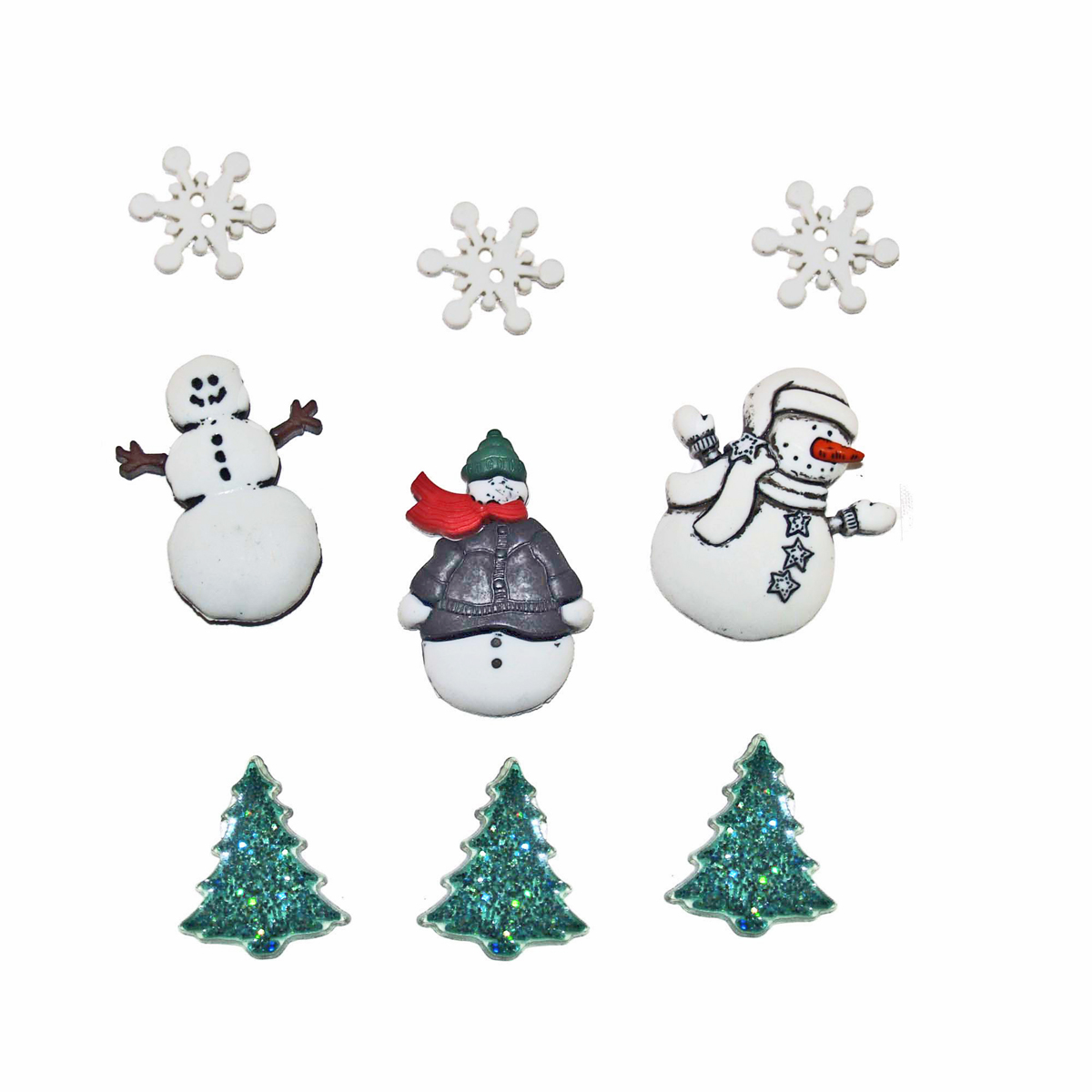 Пуговицы декоративные Dress It Up Снежные друзья, 9 шт7713506 Пуговицы декоративные Dress It Up Снежные друзья, 9 шт7713506Пуговицы декоративные Dress It Up Снежные друзья состоит из 9 декоративных пуговиц, выполненных из цветного пластика в виде снежинок, снеговиков, елей. Такие пуговицы подходят для любых видов творчества: скрапбукинга, декорирования, шитья, изготовления кукол, а также для оформления одежды. С их помощью вы сможете украсить открытку, фотографию, альбом, подарок и другие предметы ручной работы. Пуговицы разных цветов имеют оригинальный и яркий дизайн. Средний размер пуговиц: 3,5 см х 2,5 см х 0,3 см.