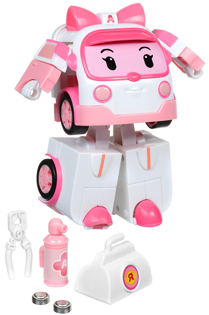 Robocar Poli Игрушка-трансформер Эмбер 13 см83095 Robocar Poli Игрушка-трансформер Эмбер 13 см83095Игрушка-трансформер Robocar Poli Эмбер не оставит равнодушным вашего малыша. Она выполнена из прочного пластика в виде машинки скорой помощи Эмбер - персонажа мультфильма Робокар Поли и его друзья. Она всегда готова трансформироваться из робота в скорую и примчаться на помощь любому жителю городка Брумстаун. Игрушка-трансформер Robocar Poli Эмбер оснащена инерционным механизмом. При движении машинки ее мигалки начинают светиться. В наборе поставляются медицинские инструменты, которые удобно вкладываются в руки Эмбер (в форме робота) - это чемоданчик, щипцы и баллон. Ваш ребенок с удовольствием будет играть с трансформером, придумывая разные истории. Порадуйте его таким замечательным подарком! Для работы игрушки необходимы 2 батарейки типа AG13 (товар комплектуется демонстрационными).