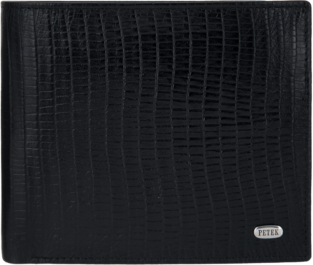 Портмоне мужское Petek 1855, цвет: черный. 2171.041.012171.041.01 Black Портмоне мужское Petek 1855, цвет: черный. 2171.041.012171.041.01 BlackСтильное мужское портмоне Petek 1855 выполнено из натуральной кожи декорированной тиснением под кожу рептилии. Лицевая сторона оформлена металлической пластиной с гравировкой в виде названия бренда. Изделие раскладывается пополам. Портмоне содержит шесть карманов для визиток и кредитных карт (один из которых с окошком из прозрачного пластика), конверт для монет, c потайным кармашком, закрывающийся клапаном на застежку-кнопку (в случае необходимости карман можно отстегнуть) и три отделения для купюр, одно из которых на застежке-молнии. Изделие упаковано в фирменную коробку. Такое портмоне станет отличным подарком для человека, ценящего качественные и стильные вещи.