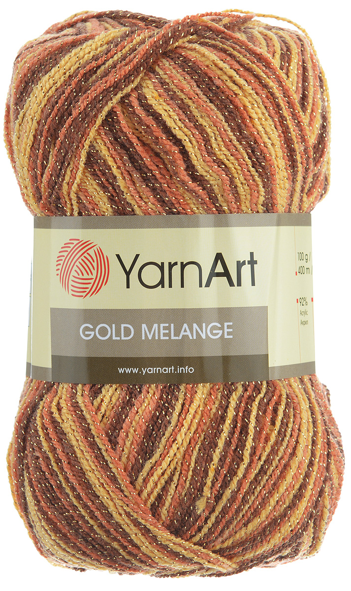 Пряжа для вязания YarnArt Gold Melange, цвет: коричневый, светло-коричневый (9505), 400 м, 100 г, 5 шт372102_9505 Пряжа для вязания YarnArt Gold Melange, цвет: коричневый, светло-коричневый (9505), 400 м, 100 г, 5 шт372102_9505Пряжа YarnArt Gold Melange изготовлена из акрила с добавлением металлик полиэстера. Цвета плавно переходят один в другой, что очень удобно при вязании жаккардовым узором. Пряжа меланжевая, поэтому подходит для изделий под любой гардероб, идеальна для вязания шарфов и декоративной отделки вязаного изделия. Пряжа окрашена равномерно с помощью стойких высококачественных красителей, нить плотно скручена, полиэстер не выбивается в процессе вязания, петли ложатся равномерно. YarnArt Gold Melange - декоративная пряжа с широкой цветовой палитрой, предназначенная для демисезонной одежды. Акрил защищает готовое изделие от деформации после стирки и сушки. Вяжется легко и быстро. Даже новичкам доступно сделать неповторимое изделие. Стильная пряжа с привлекательным, благородным блестящим эффектом. Рекомендованные спицы и крючок № 2,75-3,25. Состав: 92% акрил, 8% металлик полиэстер.