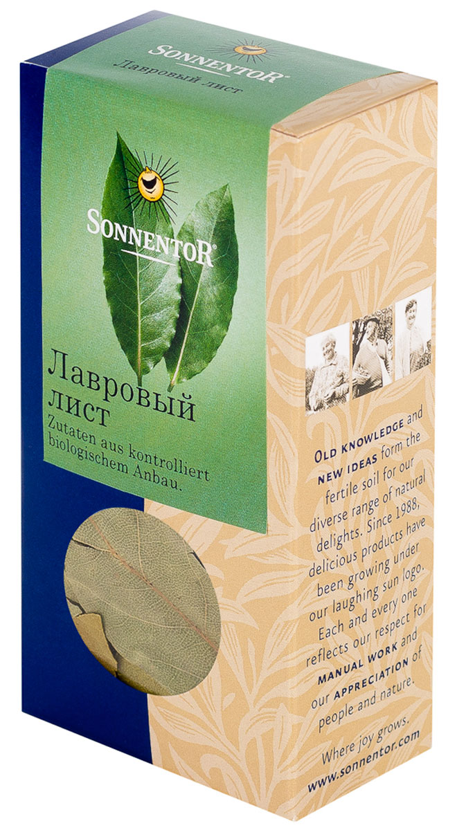 Sonnentor Лавровый лист, 10 гNT335 Sonnentor Лавровый лист, 10 гNT335Листья лавра благородного издавна венчают головы победителей и блюда гурманов. Целые листья лавра сушат и в таком виде используют в качестве пряности. У них приятный аромат и чуть горький вкус. Качественные листья после сушки должны сохранять оливковый цвет, как и в нашей продукции. Советы по употреблению и приготовлению: Лавровый лист - одна из универсальных суповых пряностей, которую используют в мясных, рыбных, овощных и грибных супах. Особенно хорошо подходит он к картофельным блюдам. Состав: 100% лавровый лист.