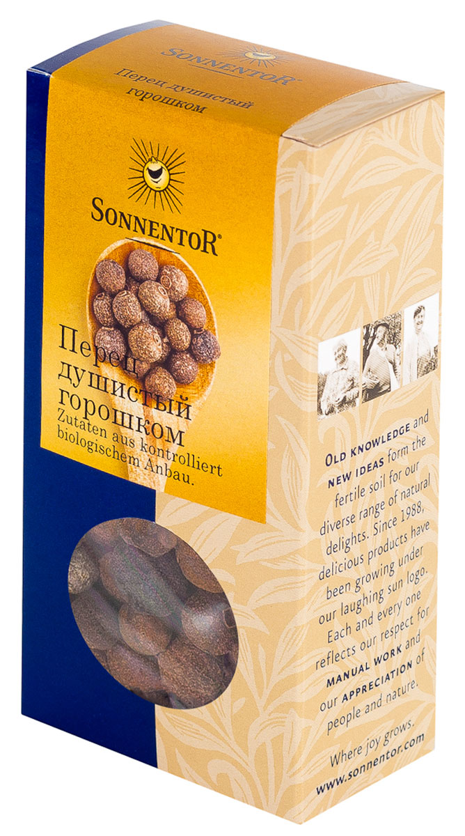 Sonnentor Перец душистый горошком, 35 гNT389 Sonnentor Перец душистый горошком, 35 гNT389Sonnentor Перец душистый горошком - ароматная приправа из самого сердца Ямайки. Перец душистый горошком превосходно сочетается с мясными и рыбными блюдами, его можно добавлять в жаркое и блюда из дичи. Для придания пикантной остроты душистый перец используют в Рождественском печенье, пряниках, пирогах, горячем шоколаде. Авантюристы могут приготовить с ним фруктовый салат. Традиционно перец душистый горошком используется при консервировании овощей и мясных паштетов.