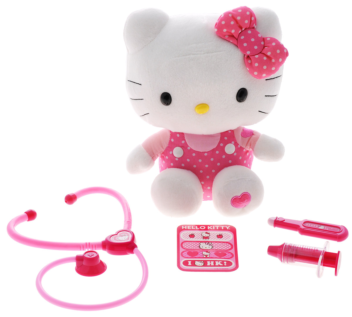 Hello Kitty Игровой набор Маленький докторHKPE6 Hello Kitty Игровой набор Маленький докторHKPE6Игровой набор Hello Kitty Маленький доктор не оставит равнодушной ни одну девочку. Набор включает в себя мягкую игрушку Hello Kitty, а также 4 предмета: стетоскоп, термометр, шприц, пластырь. Все предметы оформлены в стиле Hello Kitty. С этим набором можно сделать Китти укол, измерить температуру, послушать ее сердце и дыхание. Ваша малышка часами будет играть с этим восхитительным набором. Порадуйте ее таким замечательным подарком! Для работы игрушки необходимы 2 батарейки типа АА (товар комплектуется демонстрационными).