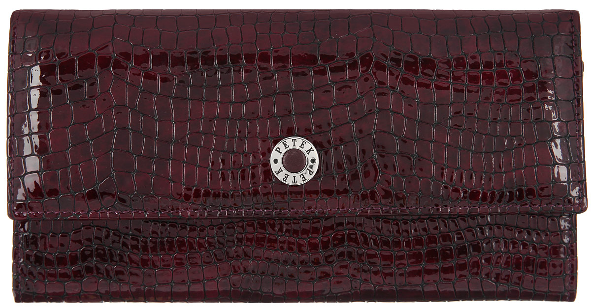 Портмоне женское Petek 1855, цвет: бургундия. 400.091.03400.091.03 Burgundy Портмоне женское Petek 1855, цвет: бургундия. 400.091.03400.091.03 BurgundyЖенское портмоне Petek 1855 изготовлено из натуральной кожи декорированной тиснением под кожу рептилии. Закрывается изделие клапаном на застежку-кнопку. Лицевая сторона оформлена металлической пластиной с гравировкой в виде названия бренда. Внутри содержится два отделения для купюр, два кармана для мелочи, один закрывается на застежку-молнию, второй на застежку-фермуар, шесть вертикальных кармашков для пластиковых карт, один из которых с окошком из прозрачного сетчатого материала, шесть горизонтальных кармашков для пластиков карт и два больших горизонтальных кармана. Изделие упаковано в фирменную коробку. Стильное портмоне эффектно дополнит ваш образ и станет незаменимым аксессуаром на каждый день.