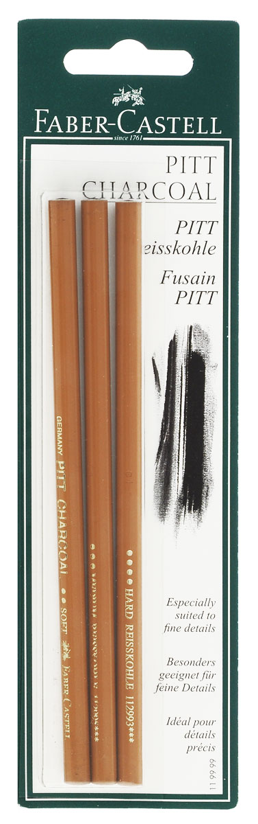 Faber-Castell Прессованные уголь-карандаши Pitt Monochrome твердость Soft extra Soft Medium 3 шт119999 Faber-Castell Прессованные уголь-карандаши Pitt Monochrome твердость Soft extra Soft Medium 3 шт119999Прессованные уголь-карандаши Faber-Castell Pitt Monochrome от всемирно известной компании Faber-Castell (Германия) - это один из самых высококачественных продуктов мирового лидера по производству графических материалов. Прессованный уголь изготавливается из угля, сажи и глины. Он передает самый точный оттенок черного, который вы только сможете найти. Прессованный уголь, в отличие от натурального, не такой сыпучий, им нельзя рисовать контуры на холсте, он не стирается с холста или картона, и предназначен в первую очередь для создания самостоятельных картин углем: портретов, пейзажей, натюрмортов. Картины будут очень насыщенными, так как прессованный уголь дает достаточно толстую, мягкую и насыщенную линию. Лучше использовать прессованный уголь как самостоятельный художественный элемент. Степень твердости: Soft, extra Soft, Medium. В комплекте 3 прессованных уголь-карандаша.