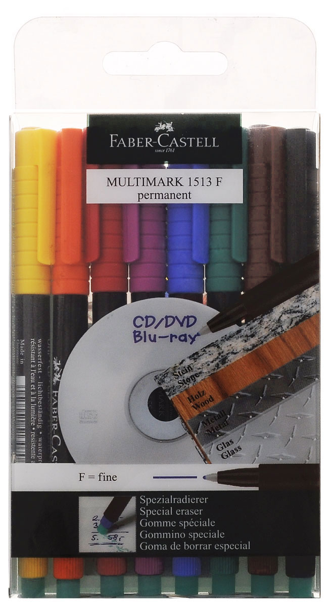Faber-Castell Капиллярная перманентная ручка Multimark F для письма на CD 8 цветов151309 Faber-Castell Капиллярная перманентная ручка Multimark F для письма на CD 8 цветов151309Капиллярная перманентная ручка Multimark предназначена для письма на CD, DVD дисках, пленках для проекторов и других гладких поверхностях. Ручка с обратной стороны содержит специальный ластик для стирания чернил. Чернила быстросохнущие, с яркими цветами, корпус изготовлен из прочного пластика. В наборе 8 цветов: черный, красный, синий, зеленый, коричневый, оранжевый, фиолетовый, желтый.