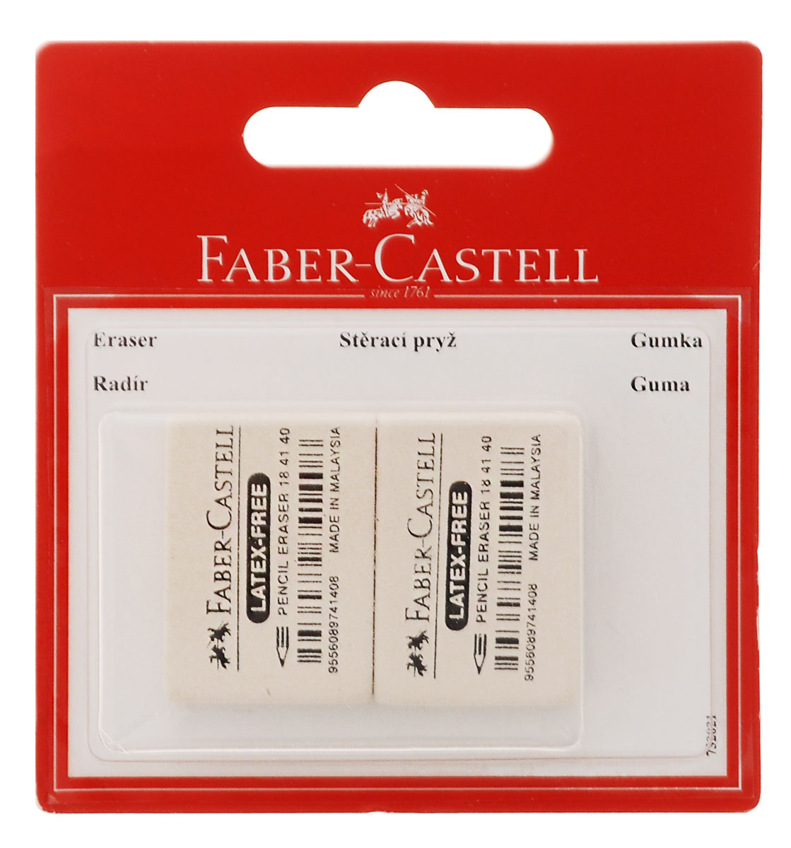Faber-Castell Ластик 7040 2 шт263223 Faber-Castell Ластик 7040 2 шт263223Ластик Faber-Castell из каучука, не содержит ПВХ, пригоден для графитных простых и цветных карандашей. Размеры ластика: 3,5 см х 2,5 см х 0,8 см. В комплекте 2 ластика.