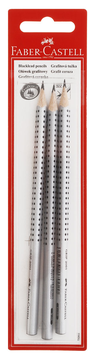 Faber-Castell Чернографитовые карандаши GRIP 2001 твердость HB H 2B 3 шт263215 Faber-Castell Чернографитовые карандаши GRIP 2001 твердость HB H 2B 3 шт263215Чернографитовые карандаши Faber-Castell GRIP 2001 станут не только идеальным инструментом для письма, рисования или черчения, но и дополнят ваш имидж. Трехгранный корпус выполнен из натуральной древесины с серо-черным матовым покрытием. Запатентованная GRIP-антискользящая зона захвата с малыми массажными шашечками обеспечит удобство использования. Высококачественный ударопрочный грифель не крошится и не ломается при заточке. Качественная мягкая древесина обеспечивает хорошее затачивание. Специальная SV технология вклеивания грифеля предотвращает его поломку при падении на пол. Карандаши покрыты лаком на водной основе в целях защиты окружающей среды. Степень твердости - HB, H, 2B. В комплект входят 3 графитовых карандаша.