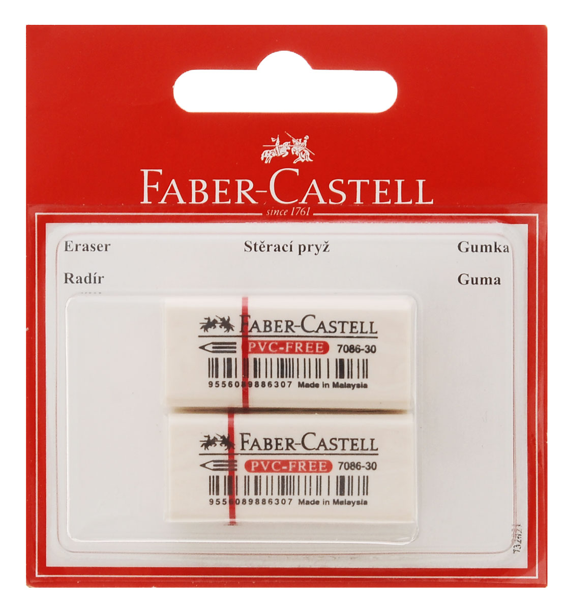 Faber-Castell Ластик виниловый 2 шт263224 Faber-Castell Ластик виниловый 2 шт263224Ластик Faber-Castell из термопластического материала в белой защитной упаковке, не содержит ПВХ, пригоден для графитных простых и цветных карандашей. Размеры ластика: 4 см х 2 см х 1 см. В комплекте 2 ластика.
