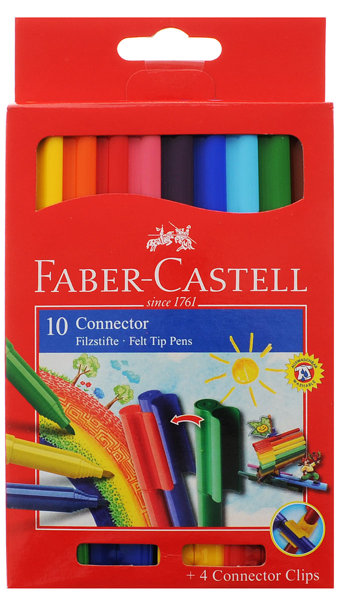 Faber-Castell Набор фломастеров с клипом 10 цветов155510 Faber-Castell Набор фломастеров с клипом 10 цветов155510Фломастеры Faber-Castell с клипом идеальны для раскрашивания, рисования на больших поверхностях. Корпуса, выполненные из цветного пластика, имеют округлую форму. Фломастеры удобно брать в собой в поездку, на прогулку. Соединенные между собой необычными клип-зажимами на колпачках, они не потеряются. Фломастеры для раскрашивания и рисования помогут вашему малышу создать неповторимые яркие картинки, а упаковка с любимыми героями мультфильма будет долгое время радовать кроху.