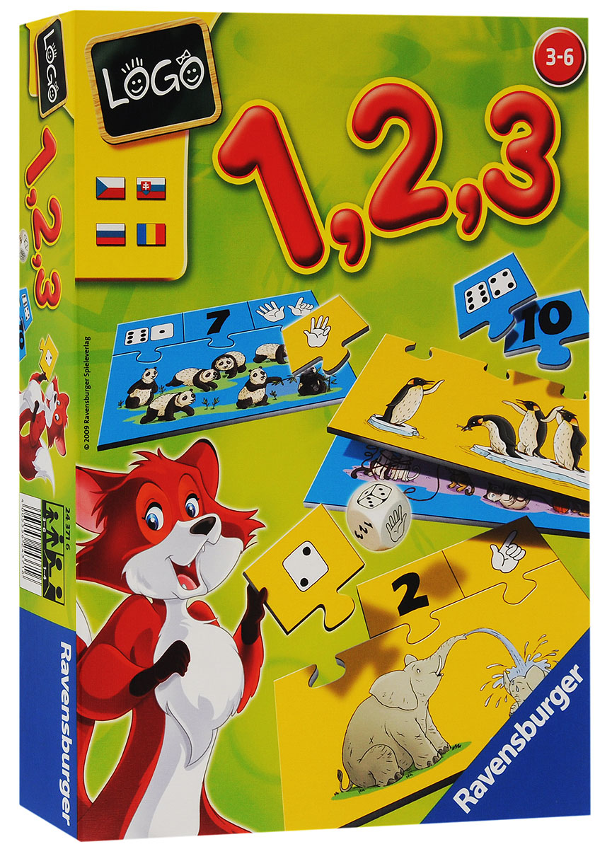 Ravensburger Настольная игра Лого Учимся считать24371 Ravensburger Настольная игра Лого Учимся считать24371Настольная игра Ravensburger Лого. Учимся считать позволит вашему ребенку весело и с пользой провести время. Подходит для одного ребенка или для групповой игры. Малыш научится самостоятельно считать. Узнает, как числа могут быть представлены с помощью цифр, очков кубика или пальцев. Тот, кто первым соберет подходящие карточки, на которых изображены очки кубика, цифры и пальцы, и присоединит их к картинке, становится победителем. Содержание: 10 карточек-картинок с определенным количеством предметов, 10 карточек со стороной игрального кубика - очки, 10 карточек с пальчиками, 10 карточек с цифрами, игральный кубик с символами - очки, пальцы и цифры, правила игры на русском языке. Игра учит логическому мышлению, внимательности, умению считать. Рекомендуемый возраст: от 3 до 6 лет. Продолжительность игры: 15-20 минут.