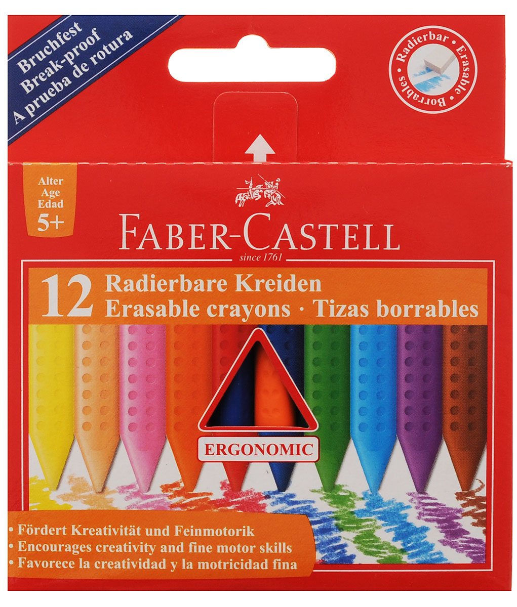 Faber-Castell Восковые мелки Radierbare Kreiden стирающиеся 12 цветов122520 Faber-Castell Восковые мелки Radierbare Kreiden стирающиеся 12 цветов122520Восковые мелки Faber-Castell Radierbare Kreiden предназначены для рисования на картоне и бумаге. Утолщенный трехгранный корпус особенно удобен для детской руки. Мелки обеспечивают удивительно мягкое письмо, обладают отличными кроющими свойствами. Их можно затачивать и стирать как карандаш. Мелки не пачкаются, что позволит сохранить руки чистыми. В набор входят восковые мелки 12 ярких классических цветов.