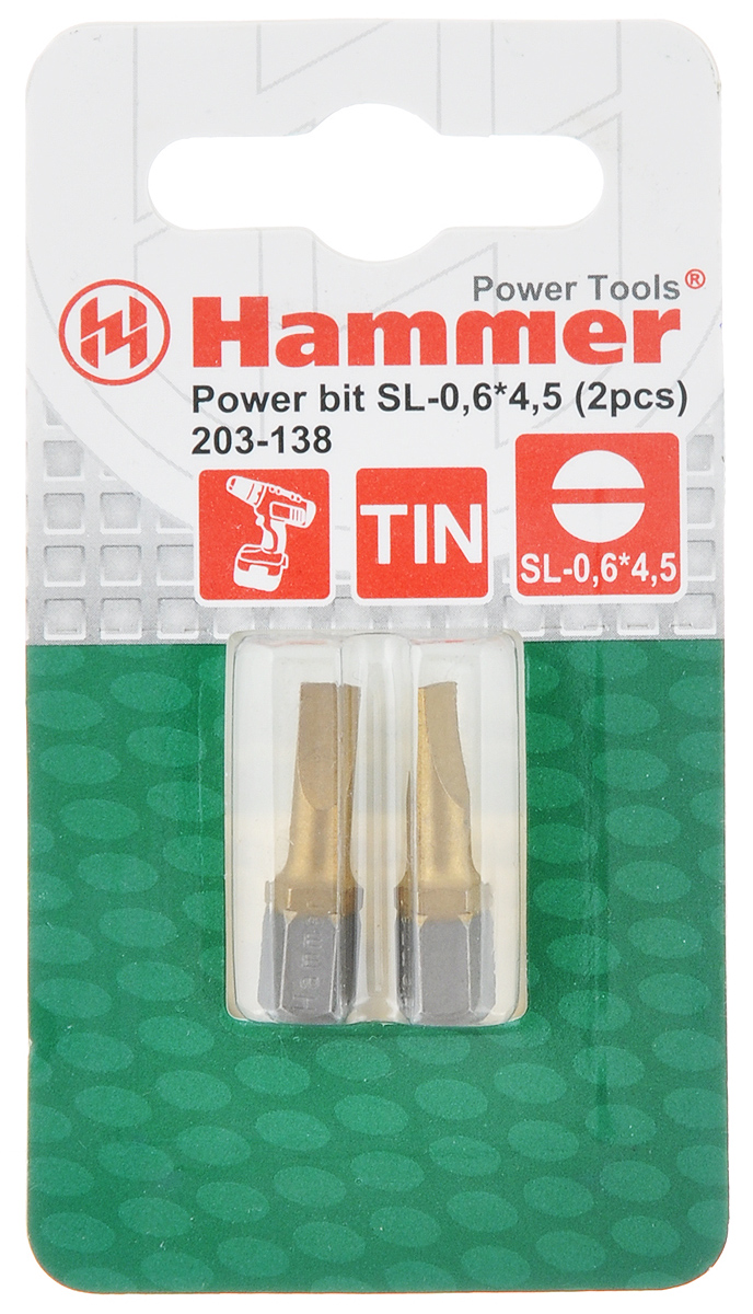 Бита Hammer, SL-4,5 x 25 мм, 2 шт30731 Бита Hammer, SL-4,5 x 25 мм, 2 шт30731Кованные биты Hammer изготовлены из хромомолибденовой стали S2 твердостью HRC52-53. Предназначены для монтажа/демонтажа резьбовых соединений. Технология ковки обеспечивает высокую износостойкость бит. Покрытие нитридом титана TIN придает дополнительную прочность, увеличивает ресурс бит и защищает от коррозии. Специальные насечки препятствует выскакиванию биты из шлица крепежа с нарушенной геометрией головки. Длина бит: 25 мм.