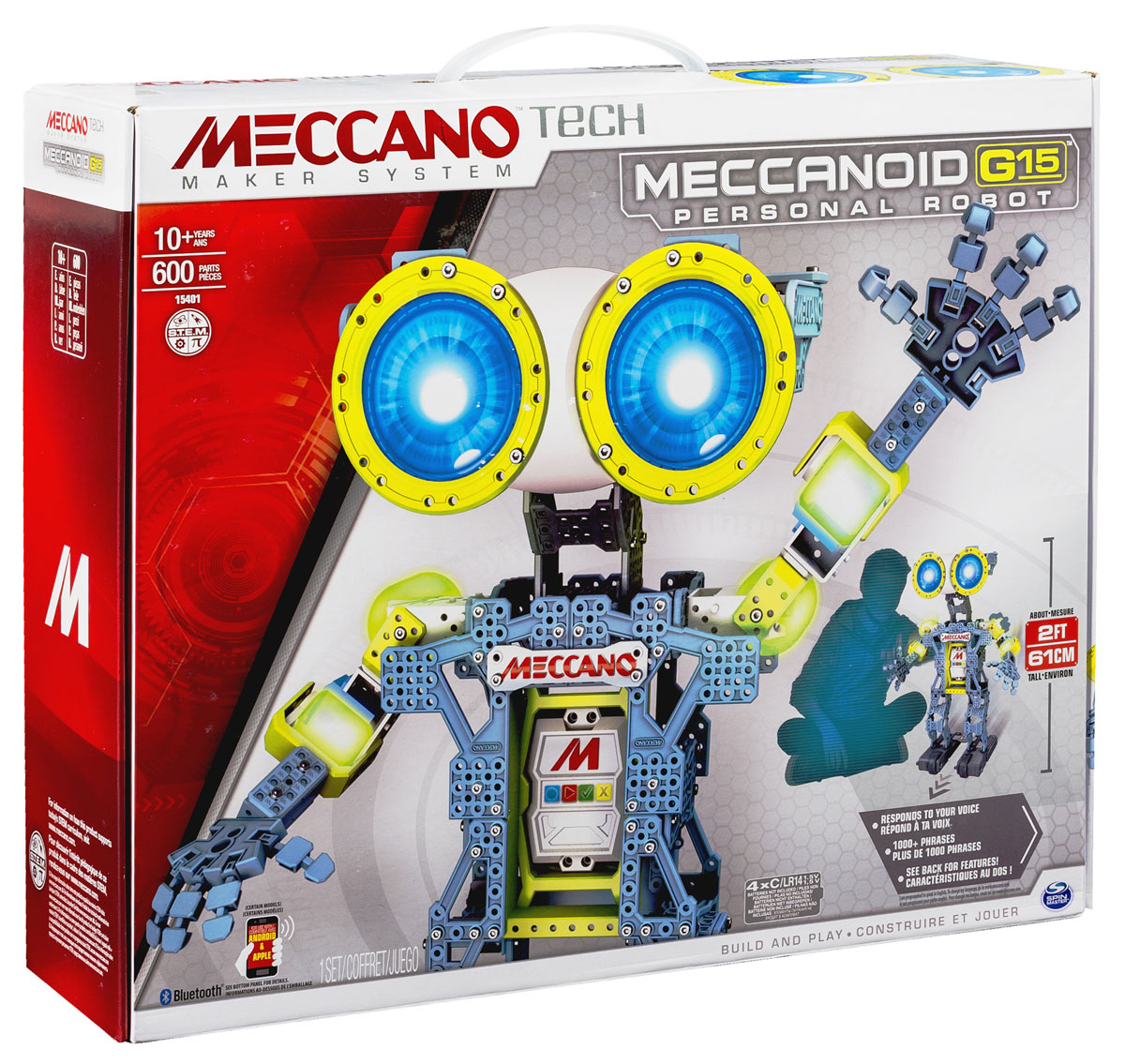 Meccano Конструктор Робот Меканоид G1591763 Meccano Конструктор Робот Меканоид G1591763Конструктор Meccano Робот Мекканоид G15 - это больше, чем просто игрушка. Для его построения вам понадобится 600 деталей. G15 - это ваш чрезвычайно остроумный лучший друг ростом в 60 сантиметров. Он оснащен удивительной системой распознавания голоса и хранит свыше тысячи запрограммированных фраз, комментариев и остроумных ответов. Программировать робота совсем не сложно, положитесь на свою интуицию - особых навыков вам не понадобится! Ключом к программированию робота является его встроенный Меккамозг. Программирование Мекканоида G15 производится 3 инновационными способами: благодаря режиму программирования движений (РПД), вы можете просто изменять положение рук робота или разговаривать с ним, а Мекканоид при этом записывает то, что вы делаете и повторяет это снова для вас! Вы можете управлять и программировать при помощи своего смартфона: возьмите руки робота и двигайте ими. Мекканоид запомнит движения и повторит их. Запустите на смартфоне приложение ...