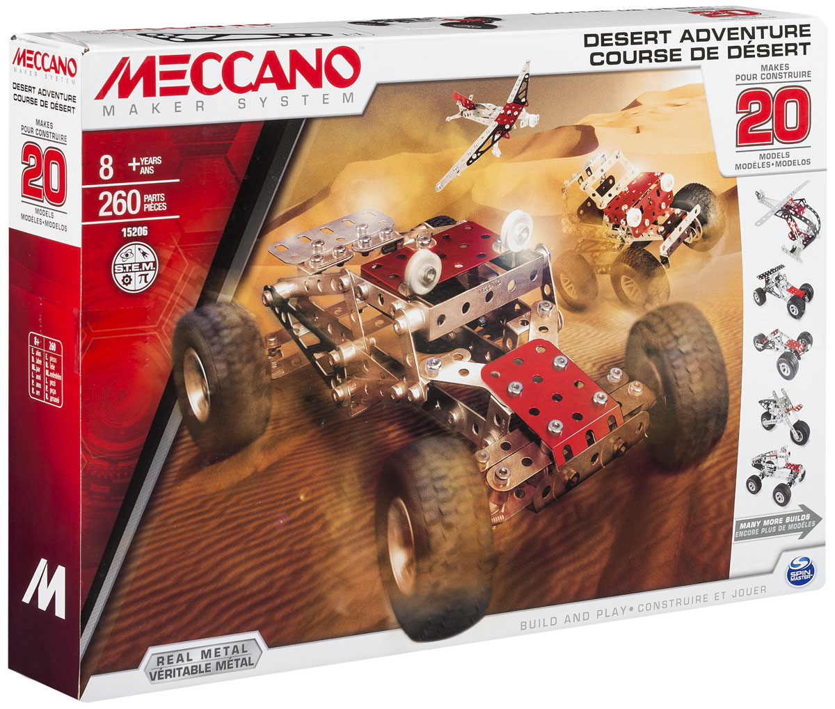 Meccano Конструктор Приключение в пустыне 20 в 191775 Meccano Конструктор Приключение в пустыне 20 в 191775Конструктор Meccano Приключение в пустыне позволит вашему ребенку весело и с пользой провести время. Набор включает в себя 263 детали из металла, пластика и резины, с помощью которых можно собрать 20 разных моделей, от мотоцикла до самолета! В набор также входят все необходимые для сборки инструменты и инструкция. Конструктор Meccano Приключение в пустыне поможет ребенку развить мелкую моторику рук, координацию движений и усидчивость.