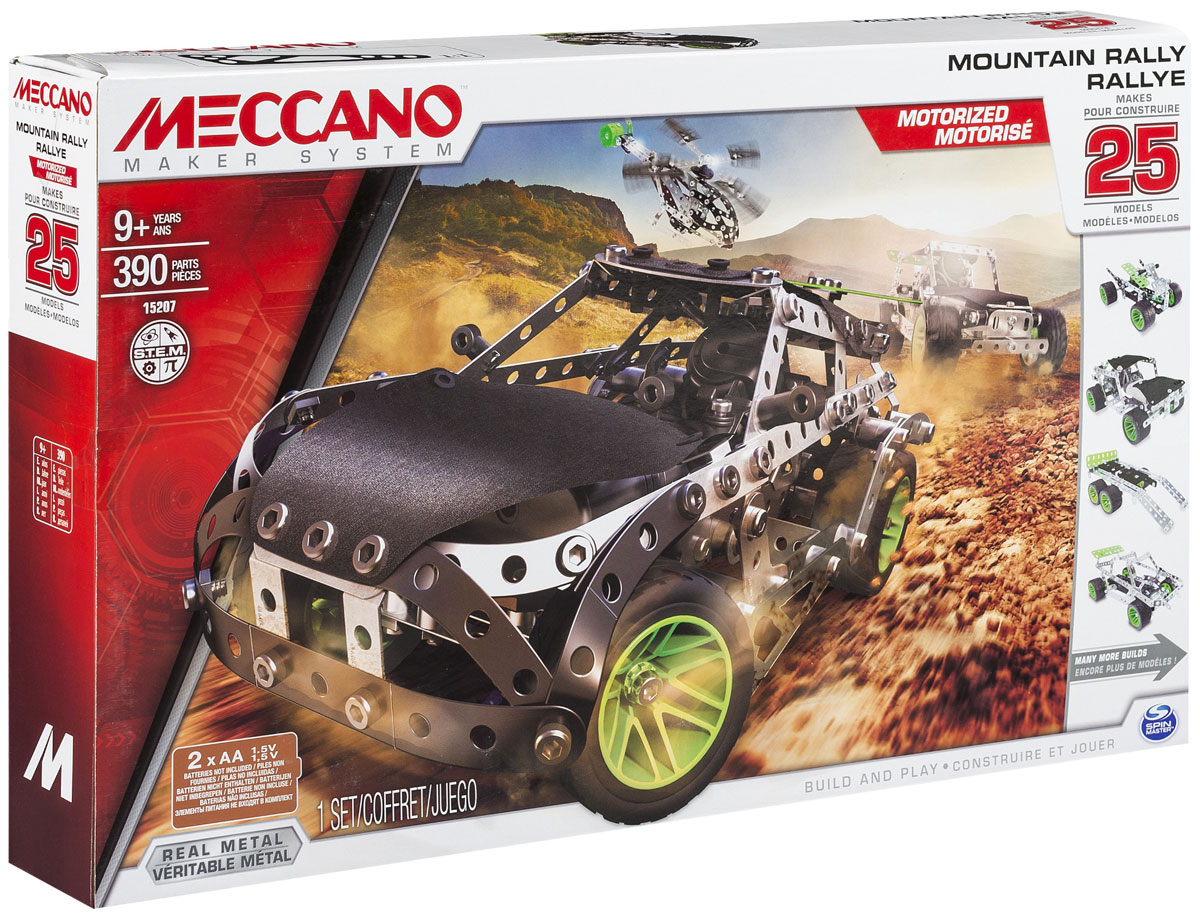 Meccano Конструктор Раллийная машина 25 в 191776 Meccano Конструктор Раллийная машина 25 в 191776Конструктор Meccano Раллийная машина позволит вашему ребенку весело и с пользой провести время. Набор включает в себя 390 деталей из металла, пластика и резины, с помощью которых можно собрать раллийную машину, или выбрать любую другую из 25 моделей в каталоге. Модель раллийной машины оснащена мотором, работающим от батареек. Колеса поворачиваются вправо и влево. В набор также входят все необходимые для сборки инструменты и инструкция. Конструктор Meccano Раллийная машина поможет ребенку развить мелкую моторику рук, координацию движений и усидчивость. Для работы игрушки необходимы 2 батарейки типа АА (не входят в комплект).