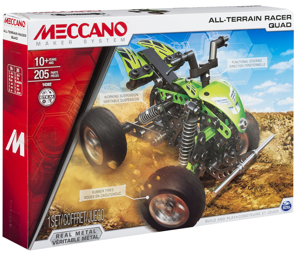 Meccano Конструктор Квадроцикл 2 в 191778 Meccano Конструктор Квадроцикл 2 в 191778Позвольте вашему воображению отправить вас в путешествие по миру настоящего инженерного искусства, призвав на помощь конструктор Meccano Квадроцикл 2 в 1! Этот вездеход как настоящий - может передвигаться по всем видам местности, имеет динамичные переднюю и заднюю подвески, а также мягкие резиновые колеса. Направление меняется при простом повороте руля. Когда наскучит квадроцикл, трансформируйте его в крутой, трехколесный мотовездеход - или в любой другой транспорт, который вы выдумаете - и украсьте свое творение наклейками, которые входят в комплект. В наборе: 205 деталей, 2 настоящих инструмента, наклейки, а также инструкция. Конструктор поможет ребенку развить мелкую моторику рук, координацию движений и усидчивость. Исследуйте чудеса механики этого мира, оживив квадроцикл.