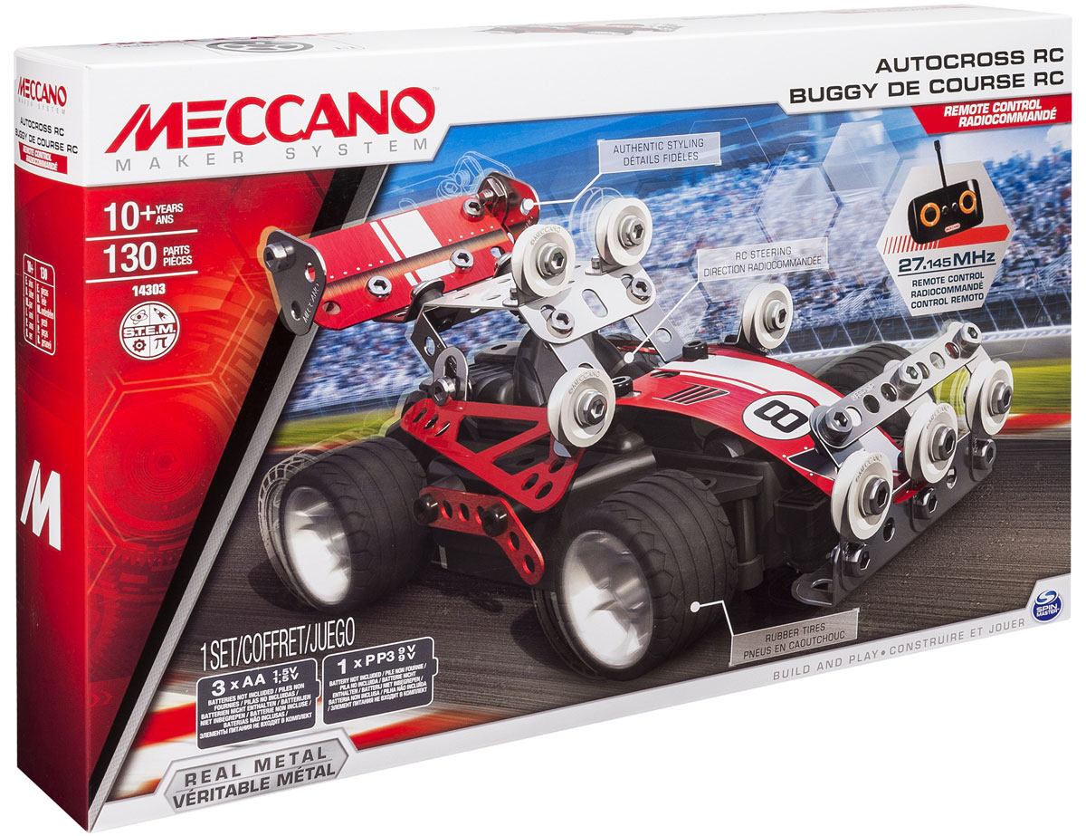 Meccano Конструктор Гоночная машина 2 в 191780 Meccano Конструктор Гоночная машина 2 в 191780Конструктор Meccano Гоночная машина позволит вашему ребенку весело и с пользой провести время. Конструктор включает в себя 130 деталей из металла, пластика и резины, с помощью которых можно собрать радиоуправляемый гоночный автомобиль или багги! Движения: вперед, назад, вправо, влево. Пульт управления (в комплекте) работает на частоте 27 MHz. В набор также входят все необходимые для сборки инструменты и инструкция. Конструктор Meccano Гоночная машина поможет ребенку развить мелкую моторику рук, координацию движений и усидчивость. Для работы игрушки необходимы 3 батарейки типа АА (не входят в комплект). Для работы пульта управления необходима 1 батарейка 9V типа Крона (не входит в комплект).