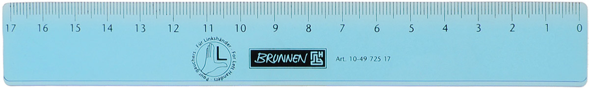 Brunnen Линейка для левши цвет голубой 17 см49725-17\BCD_голубой Brunnen Линейка для левши цвет голубой 17 см49725-17\BCD_голубойЛинейка Brunnen, длиной 17 см, выполнена из прозрачного пластика голубого цвета. Линейка предназначена специально для левшей. Шкала на линейке расположена справа налево. Линейка Brunnen - это незаменимый атрибут, необходимый школьнику или студенту, упрощающий измерение и обеспечивающий ровность проводимых линий.