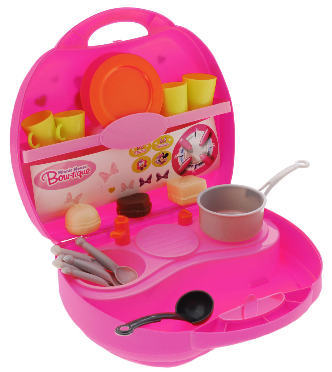 Smoby Игровой набор Мини кухня Minnie24066 Smoby Игровой набор Мини кухня Minnie24066Игровой набор Smoby Мини кухня Minnie станет отличным подарком для девочки! Мини кухня помещается в розовом пластиковом чемоданчике с ручкой. На кухне есть одноконфорочная плита, раковина с краном, сушилка для посуды, а также две полки - для продуктов и посуды. Кроме того, в набор входят кастрюля, половник, 3 пирожных, тарелки, чашки, вилки, ножи и ложки. Теперь малышка сможет накормить свои игрушки в любой момент!