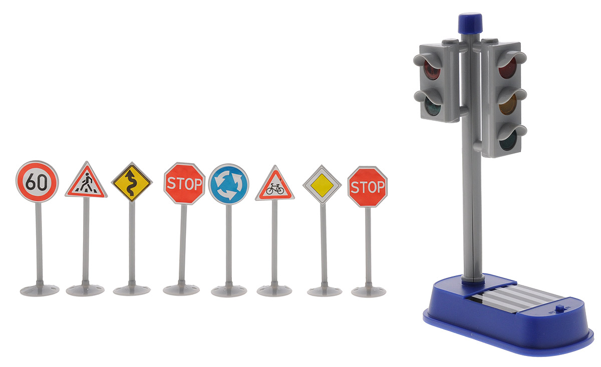 Big motors Игровой набор Светофор с дорожными знаками1324 Big motors Игровой набор Светофор с дорожными знаками1324Игровой набор от Big Motors непременно привлечет внимание вашего малыша и не позволит ему скучать. В наборе светофор и дорожные знаки. В светофоре предусмотрено звуковое и световое сопровождение для пешеходов, при загорании зеленого света для пешеходов, раздается прерывистый звук, который меняет свою частоту к моменту выключения разрешающего сигнала светофора. Светофор с дорожными знаками может дополнить и разнообразить игру с любимыми машинками. Этот чудесный набор будет отличным подарком любому мальчишке. Он сможет часами играть в него, придумывая все новые и новые истории. Для работы необходимо 2 батарейки типа АА (комплектуется демонстрационными).