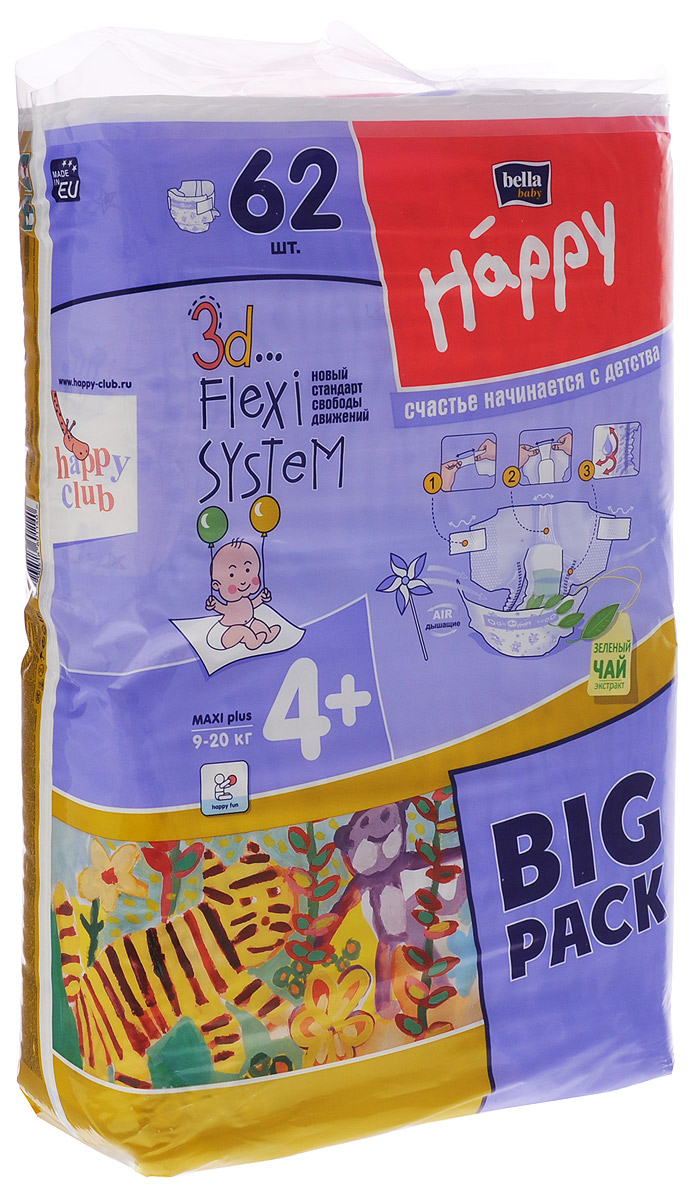 Bella Подгузники для детей Baby Happy размер Maxi Plus 4+ 9-20 кг 62 штBB-054-LX62-006 Bella Подгузники для детей Baby Happy размер Maxi Plus 4+ 9-20 кг 62 штBB-054-LX62-006Подгузники Baby Happy Maxi Plus рекомендованы для детей с массой тела больше 9 кг. Размер подгузника в сочетании с максимальной впитываемостью приводит к тому, что играм нет конца, а возвращение с прогулки или утреннее пробуждение не ассоциируется с намокшей одеждой. Инновационная 3D Flexi System обеспечивает ребенку комфорт, не сковывая его движений и одновременно обеспечивая максимум впитываемости. 3D Flexi System это: широкие, эластичные липучки, широкий и очень эластичный поясок, а также высокие эластичные оборки, которые удерживают содержимое подгузника внутри. Липучки многоразового использования идеально себя зарекомендовали во время тренировок по соблюдению чистоты. Тонкий анатомический впитывающий вкладыш абсорбирует всю влагу, а инновационный нетканый материал Magic Green мгновенно распределяет её по всей длине подгузника. Благодаря применению дышащих материалов нежная попка Малыша не подвержена опрелостям. Цветной принт на подгузнике притягивает внимание...