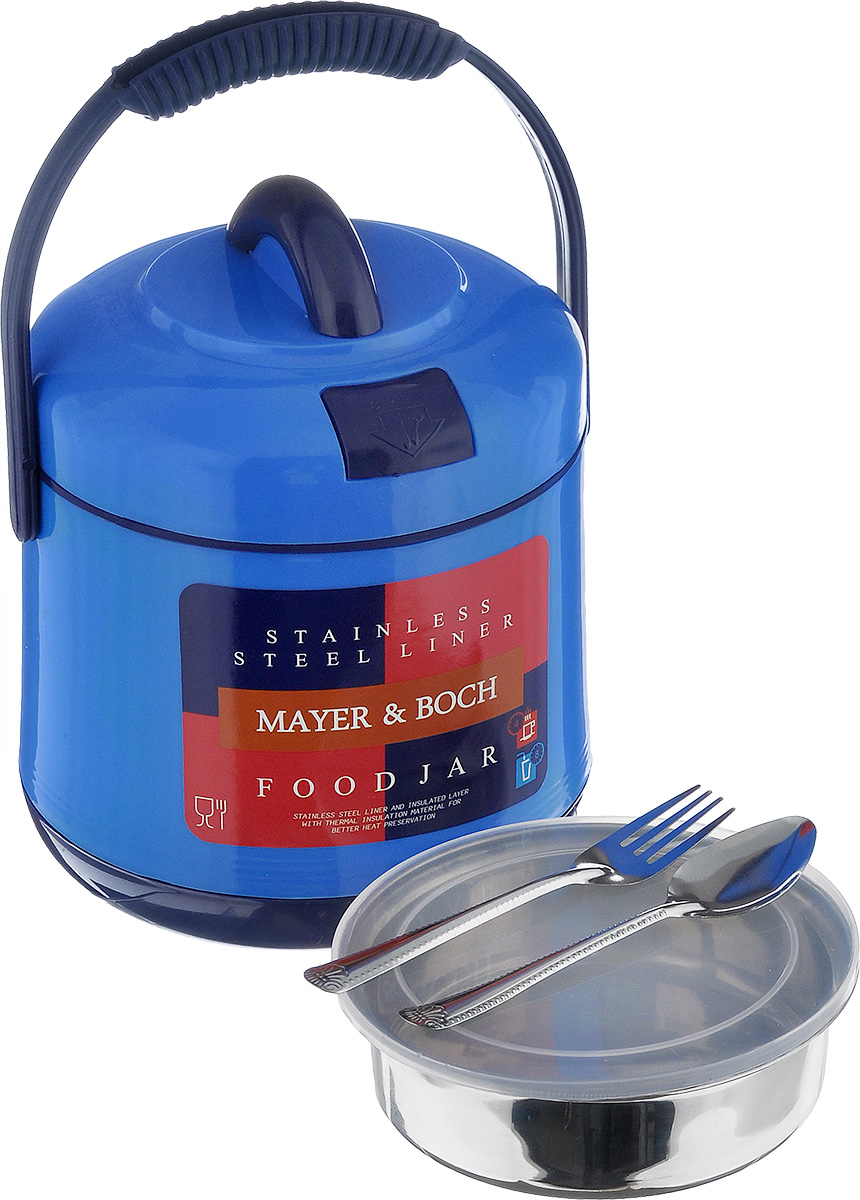 Термос пищевой Mayer & Boch, цвет: синий, 1,6 л901_синий Термос пищевой Mayer & Boch, цвет: синий, 1,6 л901_синийПищевой термос Mayer & Boch предназначен для хранения и переноски горячих и холодных пищевых продуктов. Корпус выполнен из высококачественного пластика. Внутренняя колба изготовлена из нержавеющей стали. Наполнение из жесткого пенопласта сохраняет температуру и свежесть пищи на протяжении 4-5 часов. Пища сохраняет аромат, вкус и питательные вещества. Внутрь вставляется специальная металлическая чаша с прозрачной пластиковой крышкой, что позволяет брать с собой сразу два блюда. В комплекте также предусмотрена ложка и вилка, которые хранятся в специальном отверстие в крышке. Такой термос - идеальный вариант для домашнего использования, для отдыха на природе или поездки. Элегантный и стильный дизайн подходит для любого случая. Размер термоса: 17 см х 17 см х 21 см. Диаметр емкости: 13,5 см. Высота стенки емкости: 4,5 см. Длина ложки/вилки: 14 см.