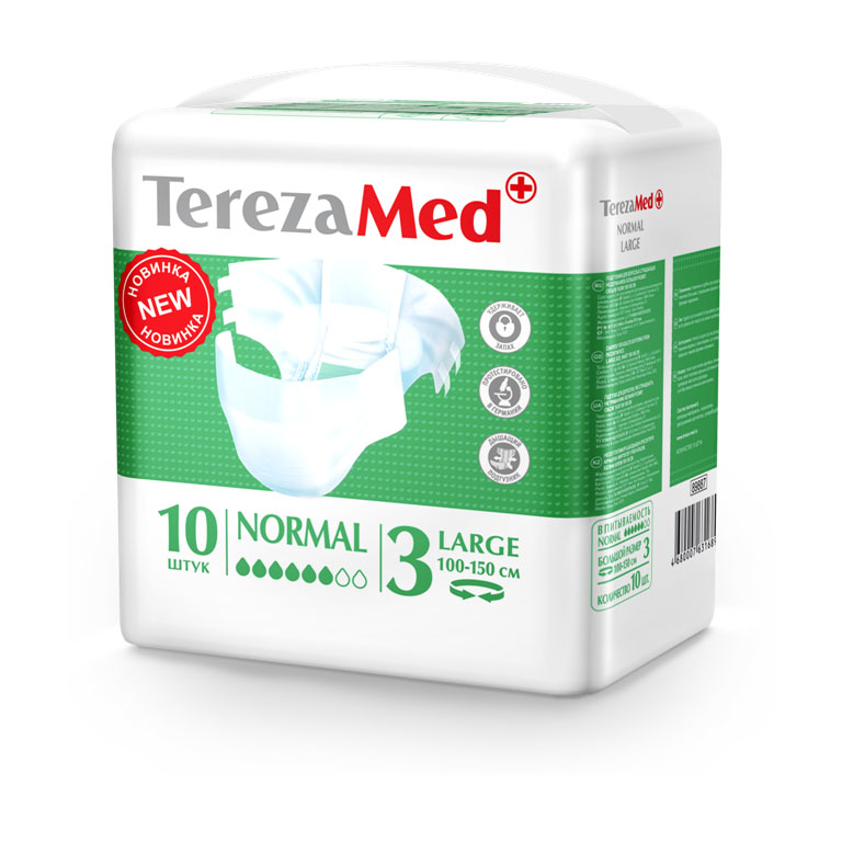 Tereza Med Подгузники для взрослых Normal Large (№3) уп.1016826 Tereza Med Подгузники для взрослых Normal Large (№3) уп.1016826Подгузники TerezaMed Normal Large предназначены для больных недержанием средней тяжести. Подгузник выполнен из мягкого дышашего материала, который пропускает пары влаги. Это позволяет коже пациента под подгузником дышать, а так же снижает риск появления опрелостей. Ядро подгузника состоит из натурального материала - целлюлозы, в которую добавлен суперабсорбент, впитывающий жидкость в больших количествах и обладающий свойством подавлять развитие неприятного запаха. Зеленый распределительный слой эффективно впитывает жидкость и распределяет ее внутри подгузника, тем самым снижая риск появления протечек. Крепление подгузника обеспечивается надежными липучками типа замочек, что позволяет многократно их приклеивать и отклеивать. Боковые бортики вокруг ног сделаны из гидрофобного материала и надежно запирают жидкость внутри. Размер талии пациента: большой, 100-150см. Количество в упаковке: 10 штук. Впитываемость: 2400 мл ±5%
