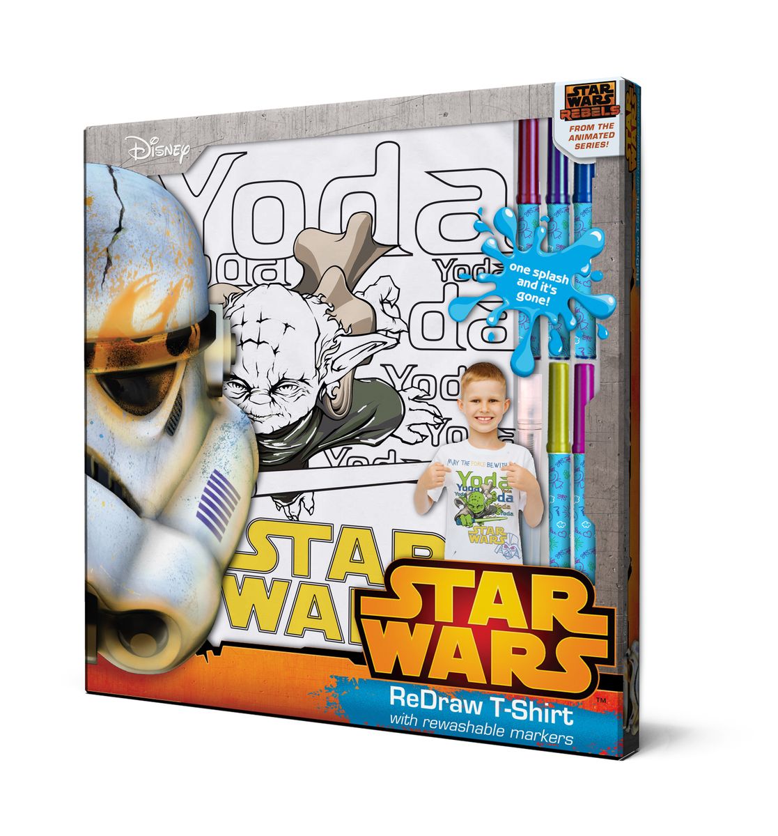 Star Wars Футболка с фломастерами для раскрашивания возраст 4 года/рост 104 смSW001-s4 Star Wars Футболка с фломастерами для раскрашивания возраст 4 года/рост 104 смSW001-s4Творческий набор Раскрась футболку – одежда с уникальным дизайном каждый день! В комплект входят: футболка из 100% хлопка с нанесенным изображением, 5 стирающихся маркеров, пульверизатор. Как это работает? 1. Достаньте футболку и магические маркеры из упаковки. 2. Разукрасьте футболку маркерами. Не забудьте их закрыть после использования. 3. При желании изменить что-то в получившемся рисунке, просто распылите несколько капель воды на участок, потрите немного, и все вернется в исходное положение! 4. Ваша футболка с уникальным дизайном готова! Для изменения дизайна, простирайте футболку, дайте ей высохнуть, и снова приступайте к творчеству! Размер 4 (Европейский/Российский размер 104) Возраст 4 года Рост 104 см Обхват груди 56 см Обхват талии 51 см Обхват бедер 63 см