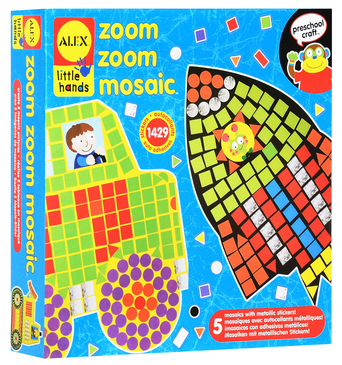 Alex Toys Мозаика Ускорение1405 Alex Toys Мозаика Ускорение1405С набором для создания мозаики Ускорение ваш ребенок сможет самостоятельно собрать пять ярких изображений из разноцветных стикеров. На основу уже нанесен контур изображения, ребенку необходимо заполнить белые участки в форме квадратов, кругов и треугольников разноцветными стикерами соответствующей формы. Малыш сможет создать мозаичные картинки с изображением ракеты, вертолета, пожарной машины, экскаватора и автомобиля. Набор для творчества поможет малышу в развитии фантазии, изобретательности, аккуратности, а также развивает мелкую моторику рук и терпение. Порадуйте своего ребенка таким замечательным подарком!