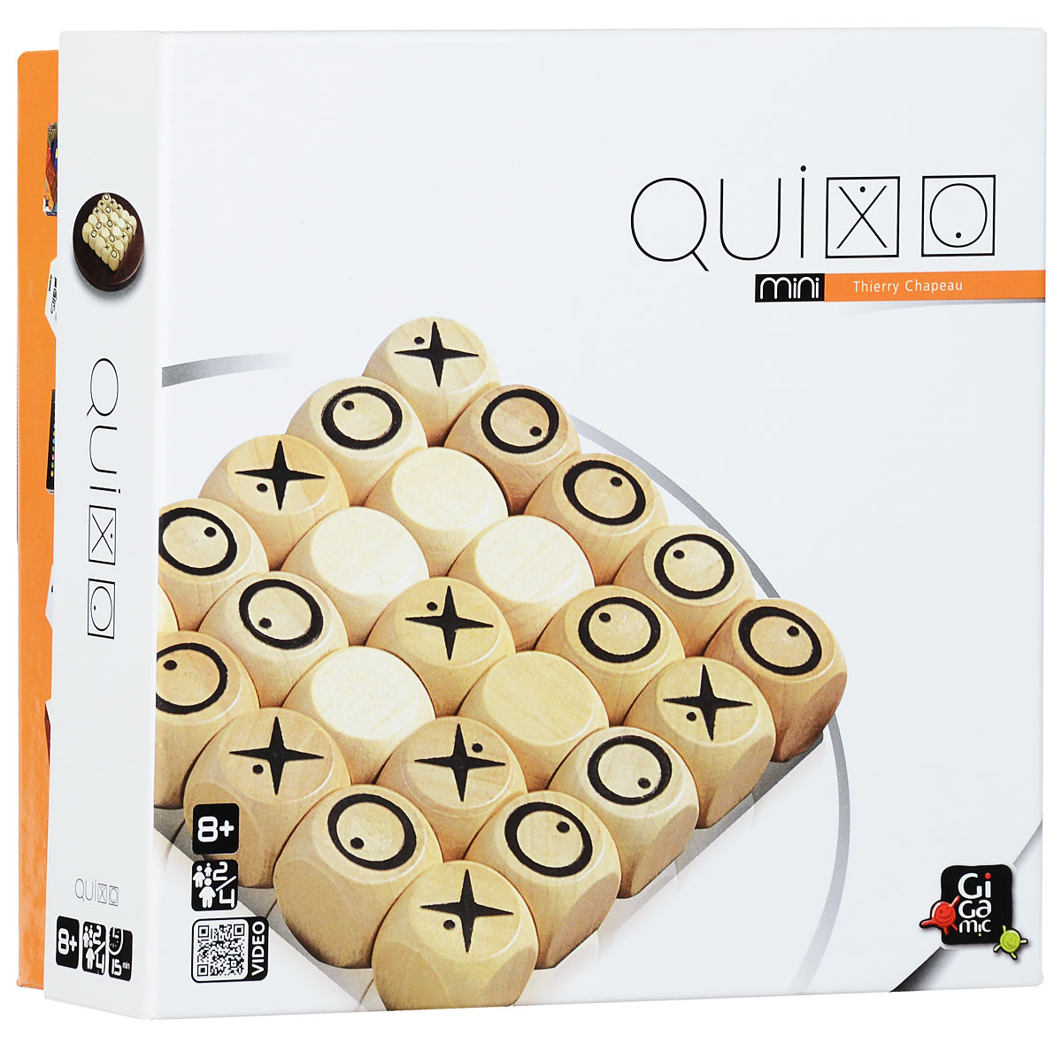 Gigamic Настольная игра Quixo MiniУТ000000178 Gigamic Настольная игра Quixo MiniУТ000000178Настольная игра Gigamic Quixo Mini предназначается для детей в возрасте от восьми лет. Рассчитана на 2-4 игроков. Подготовка к игре: Игровое поле и 25 деревянных кубиков. На одной стороне кубика изображен крестик, на другой - нолик; остальные стороны кубика пустые. В игре символ имеет значение только тогда, когда он находится на верхней стороне кубика. Точки у символов имеют значение только в командной игре. В начале игры все 25 кубиков разместите на игровом поле пустой стороной вверх. Игроки (или команды) выбирают символ и определяют, кто начнет игру. Цель игры: составить ряд из 5 кубиков со своим символом по вертикали, горизонтали или диагонали.