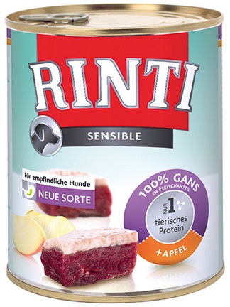 Консервы для собак Rinti Sensible, гусь с яблоками, 800 г92069 Консервы для собак Rinti Sensible, гусь с яблоками, 800 г92069Консервы для собак Rinti Sensible - это специальный корм для собак, склонных к аллергии. Вкусное полноценное питание для самых привередливых собак. Rinti состоит из натуральных кусочков мяса и не содержит формованных изделий из мясного фарша, сои, растительных белков, искусственных красителей и консервантов. Добавлены витамины, минеральные вещества и микроэлементы. Чтобы поставить собаке правильный диагноз, необходимо последовательно исключать из рациона разные виды белков. С консервами Rinti Sensible сделать это очень просто. К мясу добавлено 5-7% растительных ингредиентов для оптимального пищеварения, благодаря этому он усваивается ещё лучше. Ингредиенты: 58% гусь (мускульное мясо, сердце, печень), 7% яблоко, минеральные вещества. Анализ: белок - 9%, жир - 8,5%, клетчатка - 0,5%, зола - 2,5%, влажность - 77%. Витамины и минералы: витамин D3 - 200 МЕ/кг, витамин E - 20 мг/кг, цинк (оксид цинка) - 13 мг/кг. Товар...