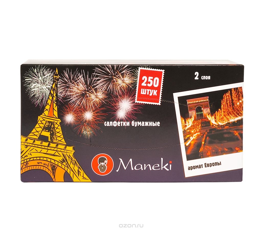 Салфетки бумажные Maneki Эйфелева башня, с ароматом Европы, 250 штFT722_Эйфелева башня Салфетки бумажные Maneki Эйфелева башня, с ароматом Европы, 250 штFT722_Эйфелева башняБумажные салфетки Maneki Эйфелева башня с микротиснением созданы из 100% органической целлюлозы. Это экологически чистый продукт, не содержит хлора. Салфетки хорошо впитывают влагу и не оставляют бумажной пыли. Удивительно нежная и шелковистая поверхность салфеток позволяет использовать их даже на самой чувствительной коже и в косметических целях. Салфетки хранятся в картонном боксе с красочным изображением Эйфелевой башни. Размер листа: 21 см х 19,6 см. Количество слоев: 2. Количество листов: 500. Количество салфеток: 250 шт.