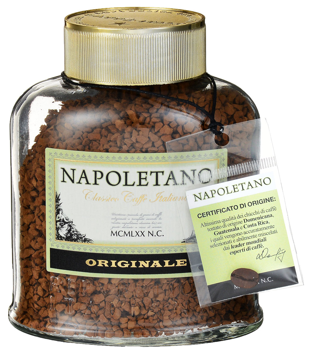 Napoletano Originale кофе растворимый, 100 г8057288870124 Napoletano Originale кофе растворимый, 100 г8057288870124Napoletano Originale - натуральный растворимый кофе, который передает все оттенки вкуса знаменитого неаполитанского эспрессо. Итальянский кофе премиум-класса Napoletano с удивительным, насыщенным вкусом и ароматом отборной арабики, традиционной обжарки. Приготовлен по классическому рецепту южноитальянской провинции Кампанья из отборных кофейных зерен арабики сортов из Доминиканской республики, Гватемалы и Коста-Рики.