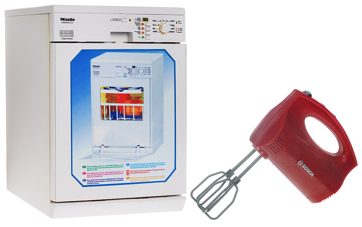 Klein Игровой набор Посудомоечная машина Miele + миксер Bosch в подарок6920П Klein Игровой набор Посудомоечная машина Miele + миксер Bosch в подарок6920ПИгровой набор Klein Посудомоечная машина Miele - это копия посудомоечной машины Miele с различными функциями: При нажатии кнопки On загорается лампочка-индикатор; Кнопки отдельных программ запускают процессы : залив воды, мойка, слив - каждый этап длится около 15 секунд и имеет свой характерный звук; При нажатии кнопки Start автоматически включается полный цикл всех программ последовательно; Заполнение водой производится через клапан на верхней крышке машины, помещается около 0,15 литров. Уровень можно контролировать через окошко на правой стороне внизу. Слив производится через шланг на задней стенке машины. Комплект посуды в наборе. Миксер в подарок! Точная копия миксера Bosch. Игрушка имитирует функции настоящего миксера. Оснащена двумя съемными насадками, которые вращаются при включении миксера. Для работы посудомоечной машины необходимы 3 батарейки типа C (не входят в комплект). Для работы миксера...