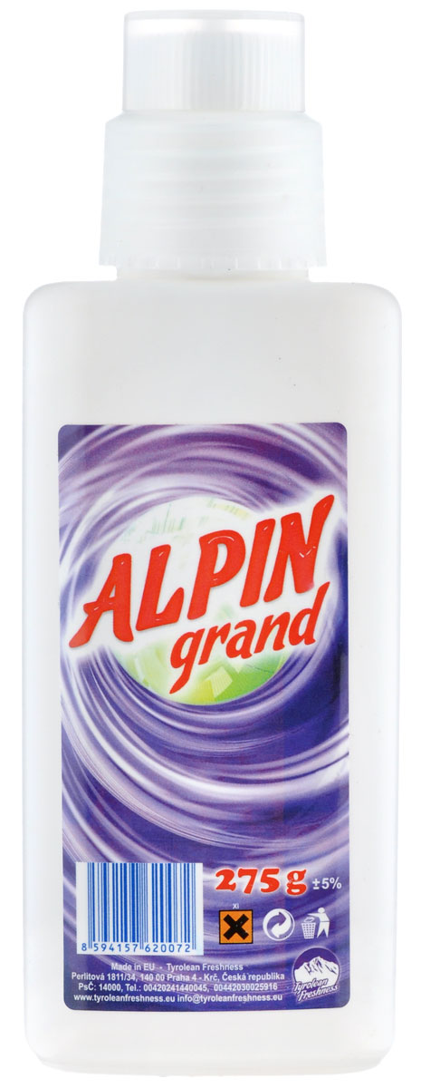 Пятновыводитель Alpin Grand, 275 гАB0270PGD Пятновыводитель Alpin Grand, 275 гАB0270PGDЖидкий пятновыводитель Alpin Grand предназначен для удаления пятен от крови, красного вина, сока, жира, белковых компонентов и других веществ, практически со всех видов тканей. Не оставляет характерной белизны. После применения смывается полосканием в воде, либо стирается в машине. Не содержит хлора, безопасен для тканей. Состав: менее 5% энзимы, анионные и неанионные тэнзиды, моноприполенгликол, содийный цитрат не более 15%. Товар сертифицирован.