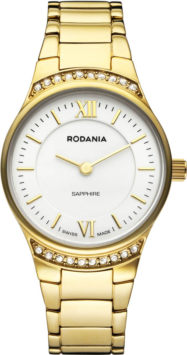 Часы женские наручные Rodania, цвет: белый, золотой. 25126602512660 Часы женские наручные Rodania, цвет: белый, золотой. 25126602512660Элегантные женские часы Rodania выполнены из высоколегированной стали и сапфирового стекла. Изделие дополнено символикой бренда, корпус часов оформлен двадцатью кристаллами Swarovski. Корпус часов выполнен из нержавеющей стали, оснащен кварцевым механизмом Ronda 762 и имеет степень влагозащиты равную 3 atm. Браслет изделия дополнен практичной раскладной застежкой, которая позволит моментально снимать и одевать часы без лишних усилий. Изделие поставляется в фирменной упаковке. Часы Rodania подчеркнут изящность женской руки и отменное чувство стиля у их обладательницы.