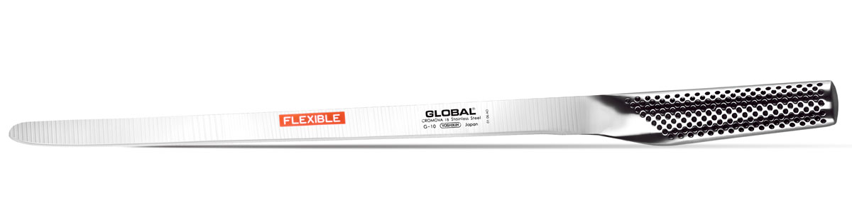 Нож для рыбы и мяса Global Salmon Flexible, длина лезвия 31 смG-10 Нож для рыбы и мяса Global Salmon Flexible, длина лезвия 31 смG-10Нож Global Salmon Flexible выполнен из нержавеющей стали. Рукоятка ножа имеет оригинальное покрытие, которое обеспечивает надежный хват. Полая ручка ножа заполнена песком, количество которого точно рассчитано, чтобы обеспечить наиболее оптимальное соотношение веса лезвия и рукоятки. Этот метод позволяет добиться максимально точной балансировки. . Не рекомендуется мыть в посудомоечной машине.