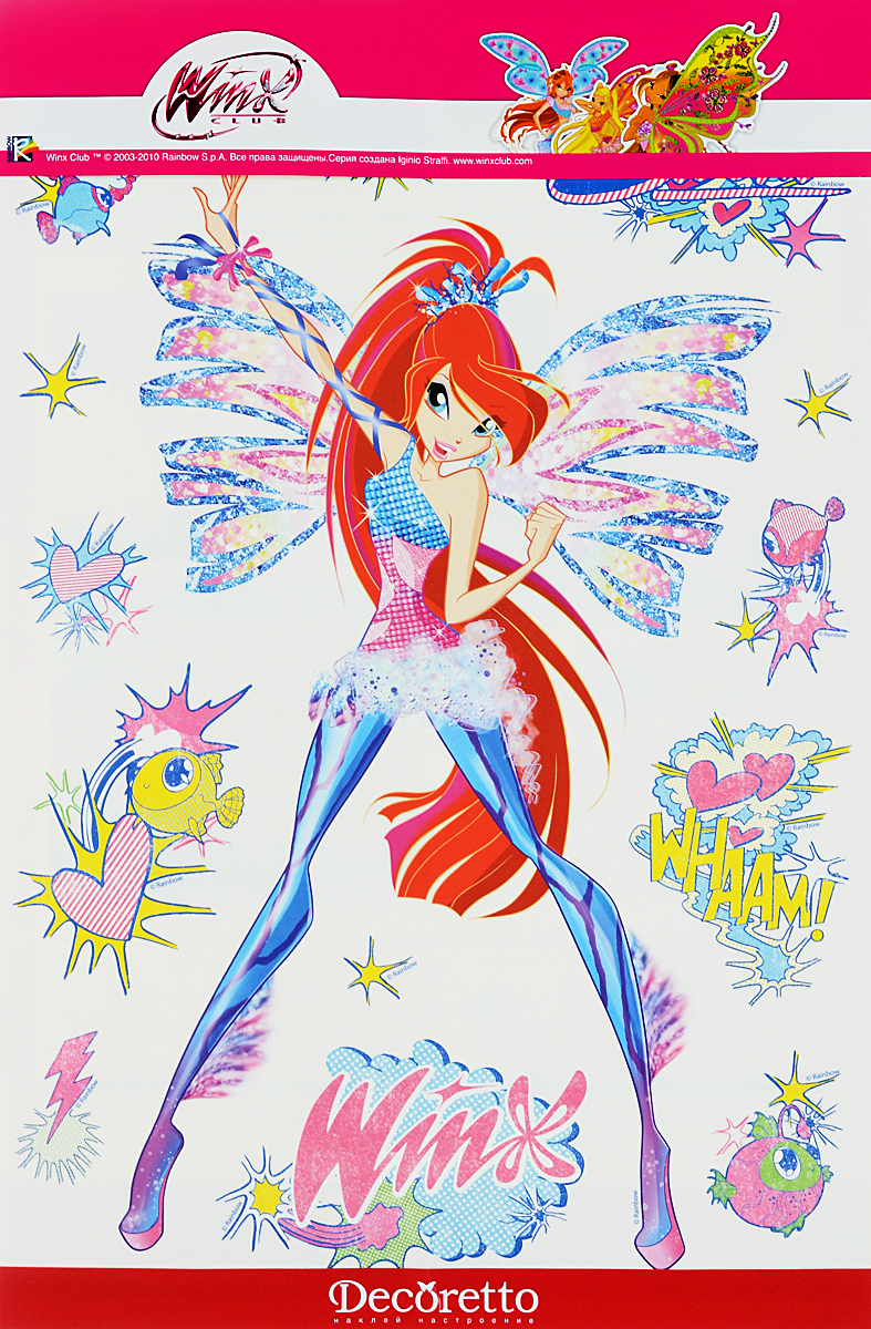Decoretto Украшение для стен и предметов интерьера Winx Блум Вид 2LW 4003_вид 2 Decoretto Украшение для стен и предметов интерьера Winx Блум Вид 2LW 4003_вид 2Украшение для стен и предметов интерьера Decoretto Winx Блум, с изображением любимой героини поможет вам украсить комнату ребенка и порадует вашего малыша. Украшение состоит из самоклеющихся элементов с изображениями феи Блум, снежинок, звездочек и сердечек. Подарите праздник вашему ребенку! Декоретто - уникальный способ легко и быстро оживить интерьер, добавить в него уют и радость. Для вас открываются безграничные возможности проявить творчество и фантазию, придумать оригинальный дизайн, придать новый вид стенам и мебели. В коллекции Декоретто вы найдете украшения для любых городских и дачных интерьеров: детских, гостиных, спален, кухонь, ванных комнат. Особенности украшений Декоретто: изготовлены из экологически безопасной самоклеющейся пленки с водоотталкивающей поверхностью; быстро и легко наклеиваются на обои, крашеные стены, дерево, керамическую плитку, металл, стекло, пластик; при необходимости удобно снимаются, не...