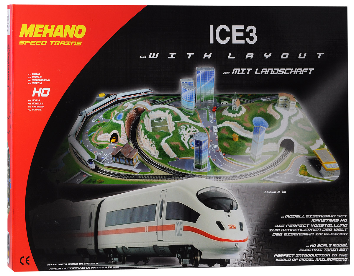Mehano Железная дорога ICE3 с ландшафтомT737 Mehano Железная дорога ICE3 с ландшафтомT737Железная дорога Mehano ICE3 с ландшафтом - миниатюрная копия знаменитого германского скоростного состава ICE3 (Сапсан). Такая железная дорогая понравится не только детям, но взрослым коллекционерам. В комплект входит все необходимое для создания собственного железнодорожного трека: ведущий локомотив ICE3, ведомый локомотив ICE3, вагон первого класса, вагон второго класса, игровое поле, 5 моделей высотных зданий, автозаправку, станцию, 2 ворот, 3 холма, модель бассейна, здание отеля, мостик, церковь, будку, а также железнодорожное полотно, включающее в себя 17 радиальных рельс, 2 прямые рельсы, 2 стрелки, 22 соединительных элементов системы Quick Click, сетевой адаптер, пульт-контроллер, подробную иллюстрированную инструкцию по сборке и управлению железной дорогой. Обтекаемые линии, белоснежный цвет в сочетании с тонкой алой полосой, быстрое движение поезда делают его похожим на механическую птицу, которая летит по рельсам, будто не касаясь их. На пути скоростного поезда...