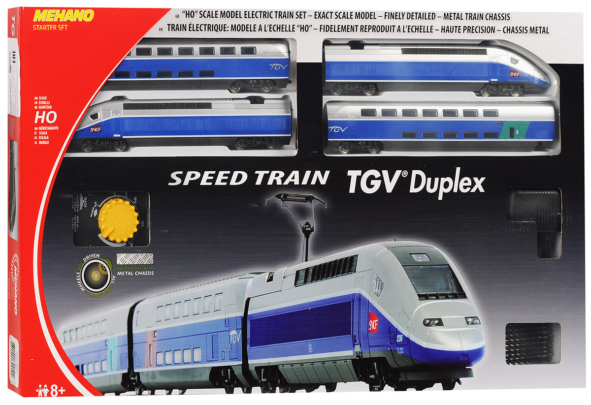 Mehano Железная дорога TGV DuplexT681 Mehano Железная дорога TGV DuplexT681Железная дорога Mehano TGV Duplex - миниатюрная копия экспресса скоростного состава. Такая железная дорогая понравится не только детям, но взрослым коллекционерам. В комплект входит все необходимое для создания собственного железнодорожного трека со скоростным составом: ведущий локомотив TGV Duplex, ведомый локомотив TGV Duplex, вагон первого класса, вагон второго класса, а также железнодорожное полотно, включающее в себя 12 радиальных рельс, 2 прямые рельсы, 12 соединительных элементов системы Quick Click, сетевой адаптер, пульт- контроллер, подробную иллюстрированную инструкцию по сборке и управлению железной дорогой. Обтекаемая форма, тщательно проработанные детали и быстрое движение поезда делают его похожим на механическую птицу, которая летит по рельсам, будто не касаясь их. Корпусы поезда и вагонов выполнены из пластика, колеса, а также рельсы выполнены из металла. Благодаря пульту-контроллеру вы сможете изменять скорость и направление движения состава. Максимальная...