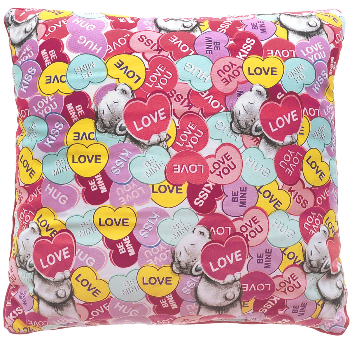 Me to You Подушка Love YouG01Q6181_квадратная Me to You Подушка Love YouG01Q6181_квадратнаяЯркая и оригинальная подушка Me to You Love You станет отличным аксессуаром к интерьеру любой детской комнаты! Подушка украшена принтом с изображением сердечек с надписями Love You, Love, Kiss, Be Mine, Hug и милых медвежат. Мягкую подушку можно взять с собой в путешествие - в самолете и автомобиле положить ее под голову во время отдыха. Размер подушки: 38 см х 38 см.