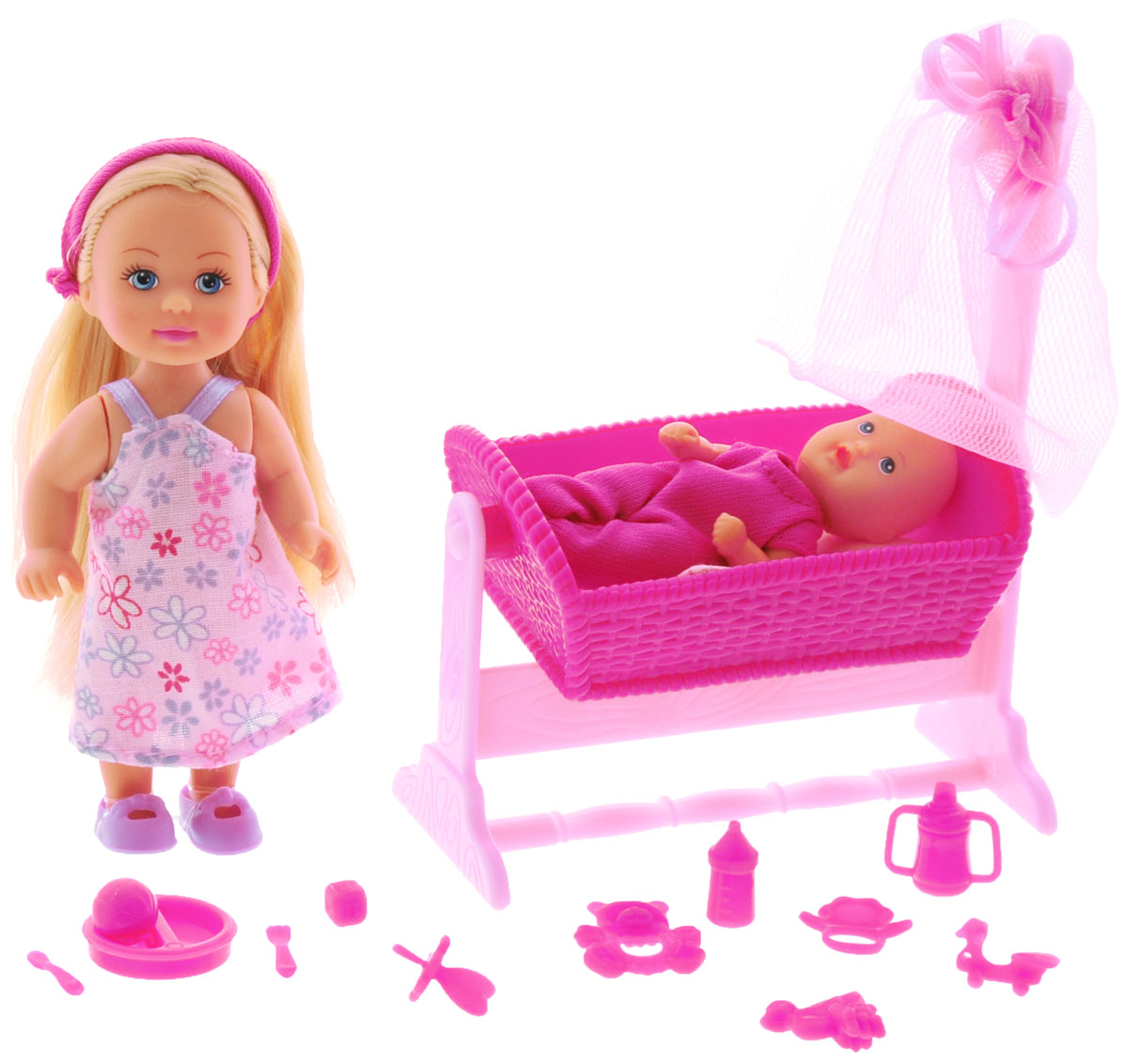 Simba Игровой набор Doll Cradle цвет темно-розовый5736242_темно-розовый Simba Игровой набор Doll Cradle цвет темно-розовый5736242_темно-розовыйИгровой набор Simba Doll Cradle порадует любую девочку и надолго увлечет ее. В комплект входит кукла Еви, пупс-малыш, колыбель для малыша с мягкой подушкой и одеялом, а также множество аксессуаров для кормления и ухода за малышом. Все аксессуары выполнены из прочного безопасного пластика. Кукла Еви одета в длинное платье в цветочек, на голове у нее - эластичный ободок. На малыше надето темно-розовое боди. Вашей дочурке непременно понравится заплетать длинные белокурые волосы куклы, придумывая разнообразные прически. Руки, ноги и голова куклы подвижны, благодаря чему ей можно придавать разнообразные позы. Игры с куклой способствуют эмоциональному развитию, помогают формировать воображение и художественный вкус, а также разовьют в вашей малышке чувство ответственности и заботы. Великолепное качество исполнения делают этот набор чудесным подарком к любому празднику.