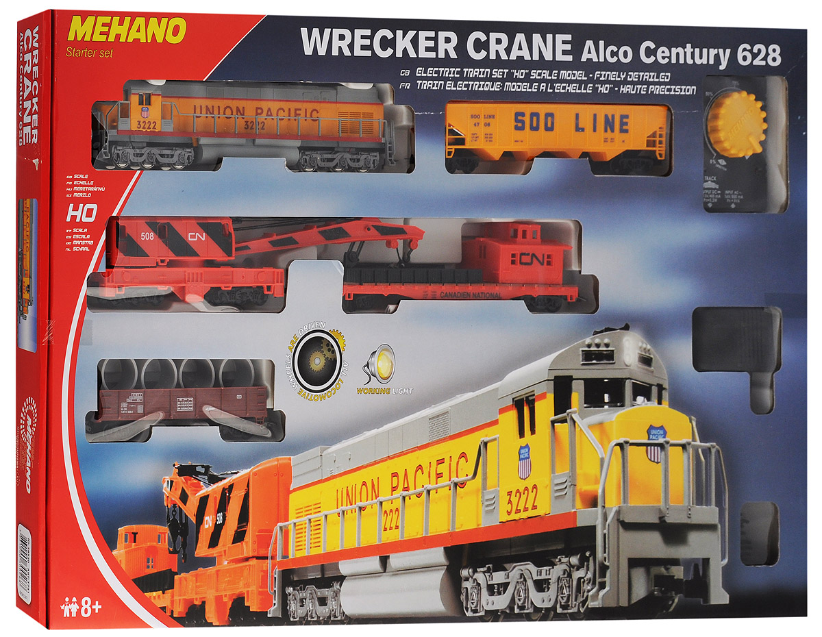 Mehano Железная дорога Wrecker CraneT741 Mehano Железная дорога Wrecker CraneT741Железная дорога Mehano Wrecker Crane - миниатюрная копия экспресса Union Pacific. Такая железная дорогая понравится не только детям, но взрослым коллекционерам. В комплект входит все необходимое для создания собственного железнодорожного трека с грузовым составом: ведущий локомотив, 4 грузовых вагона, а также железнодорожное полотно, включающее в себя 12 радиальных рельс, 12 соединительных элементов системы Quick Click, сетевой адаптер, пульт-контроллер, подробную иллюстрированную инструкцию по сборке и управлению железной дорогой. Множество тщательно проработанных деталей экстерьера локомотива и вагонов придают им солидность и подчеркивают важность миссии. Являющийся частью грузового состава подъемный кран может поднимать и размещать соответствующий размерам груз на грузовую платформу. Корпусы поезда и вагонов выполнены из пластика, колеса, а также рельсы выполнены из металла. Благодаря пульту-контроллеру вы сможете изменять скорость и направление движения состава. При...